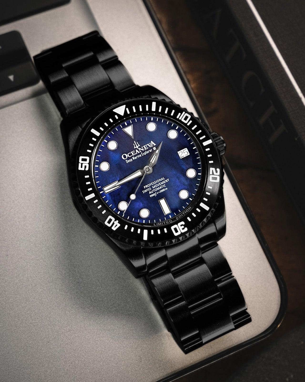 Oceaneva Men's Deep Marine Explorer III 3000M Pro Diver Watch Navy Mother Of Pearl Dial Black IP - BKIIINBMP200BK 3000m, 3000M Dive Watch, 316L Stainless Steel, Automatic Watch, BGW9 Swiss Super-Luminova, Dive Watch, Sw200-1 Swiss Automatic Movement