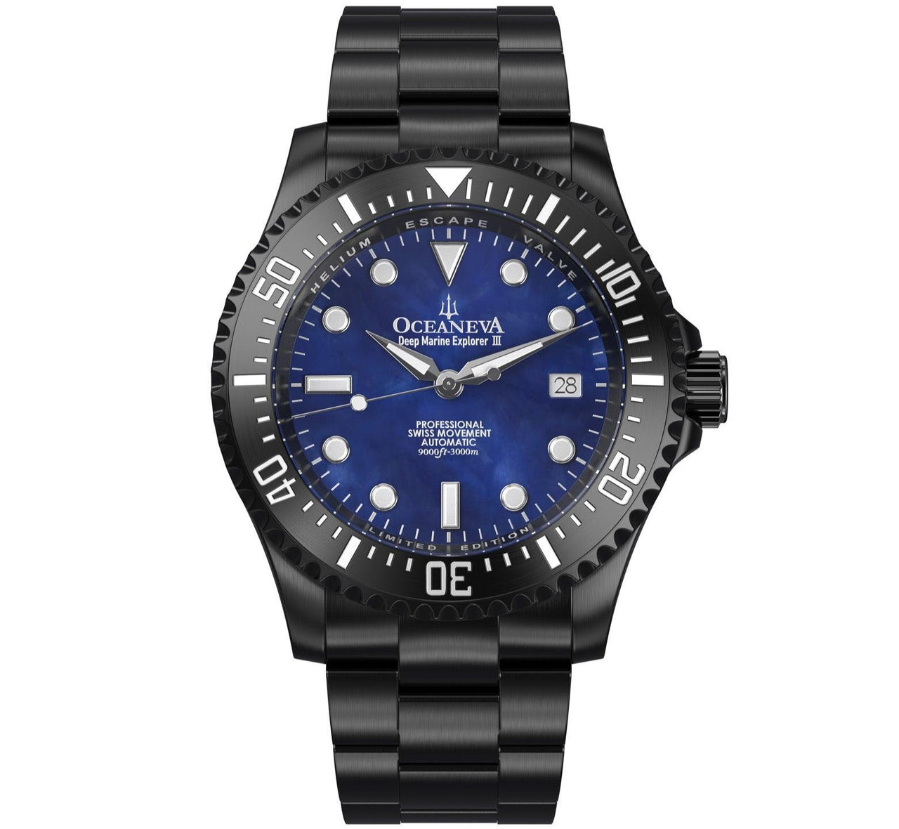 Oceaneva Men's Deep Marine Explorer III 3000M Pro Diver Watch Navy Mother Of Pearl Dial Black IP - BKIIINBMP200BK 3000m, 3000M Dive Watch, 316L Stainless Steel, Automatic Watch, BGW9 Swiss Super-Luminova, Dive Watch, Sw200-1 Swiss Automatic Movement