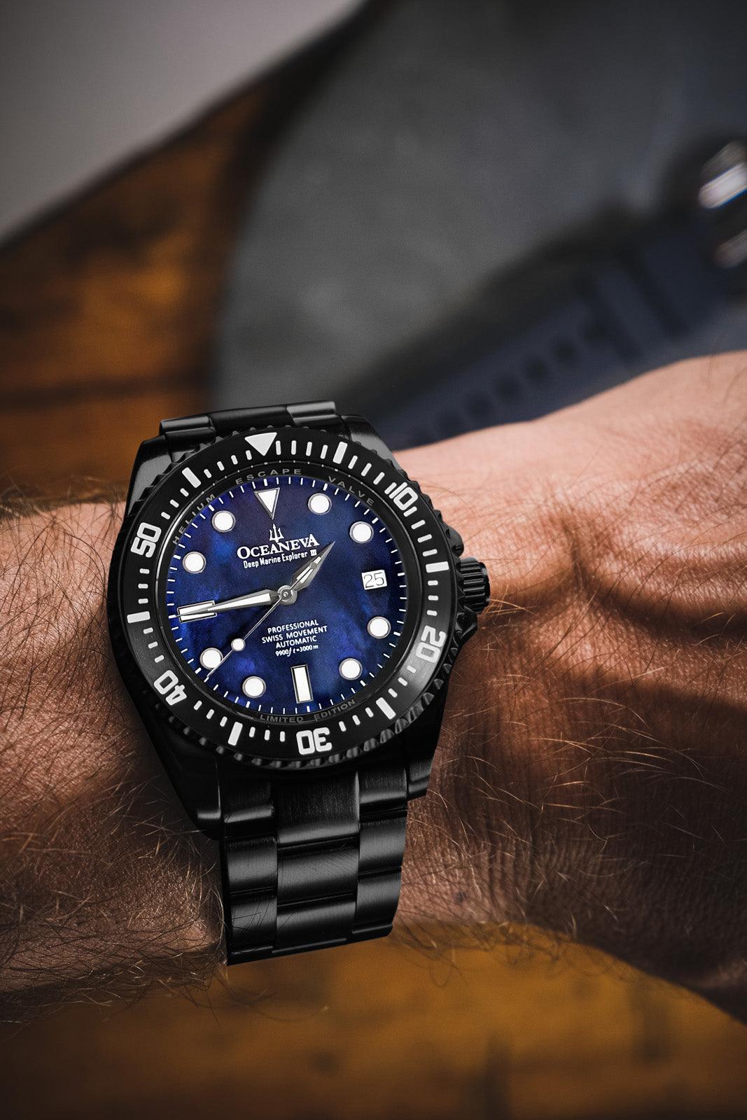 Oceaneva Men's Deep Marine Explorer III 3000M Pro Diver Watch Navy Mother Of Pearl Dial Black IP - BKIIINBMP200BK 3000m, 3000M Dive Watch, 316L Stainless Steel, Automatic Watch, BGW9 Swiss Super-Luminova, Dive Watch, Sw200-1 Swiss Automatic Movement