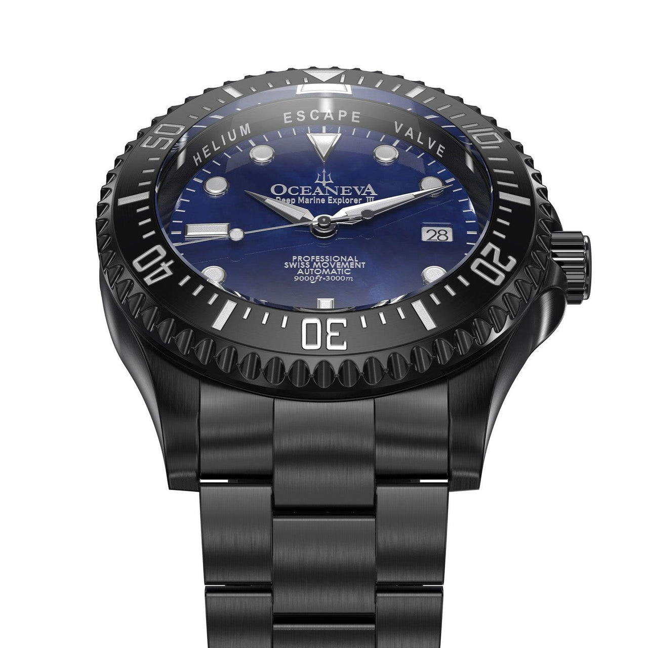 Oceaneva Men's Deep Marine Explorer III 3000M Pro Diver Watch Navy Mother Of Pearl Dial Black IP - BKIIINBMP200BK 3000m, 3000M Dive Watch, 316L Stainless Steel, Automatic Watch, BGW9 Swiss Super-Luminova, Dive Watch, Sw200-1 Swiss Automatic Movement