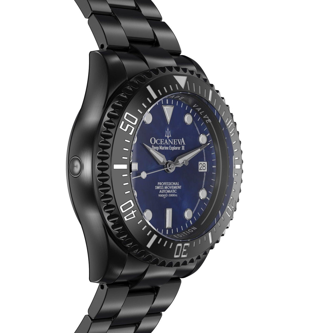 Oceaneva Men's Deep Marine Explorer III 3000M Pro Diver Watch Navy Mother Of Pearl Dial Black IP - BKIIINBMP200BK 3000m, 3000M Dive Watch, 316L Stainless Steel, Automatic Watch, BGW9 Swiss Super-Luminova, Dive Watch, Sw200-1 Swiss Automatic Movement