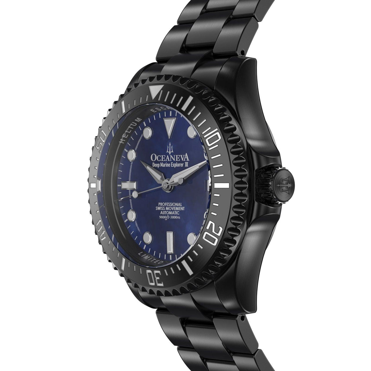 Oceaneva Men's Deep Marine Explorer III 3000M Pro Diver Watch Navy Mother Of Pearl Dial Black IP - BKIIINBMP200BK 3000m, 3000M Dive Watch, 316L Stainless Steel, Automatic Watch, BGW9 Swiss Super-Luminova, Dive Watch, Sw200-1 Swiss Automatic Movement