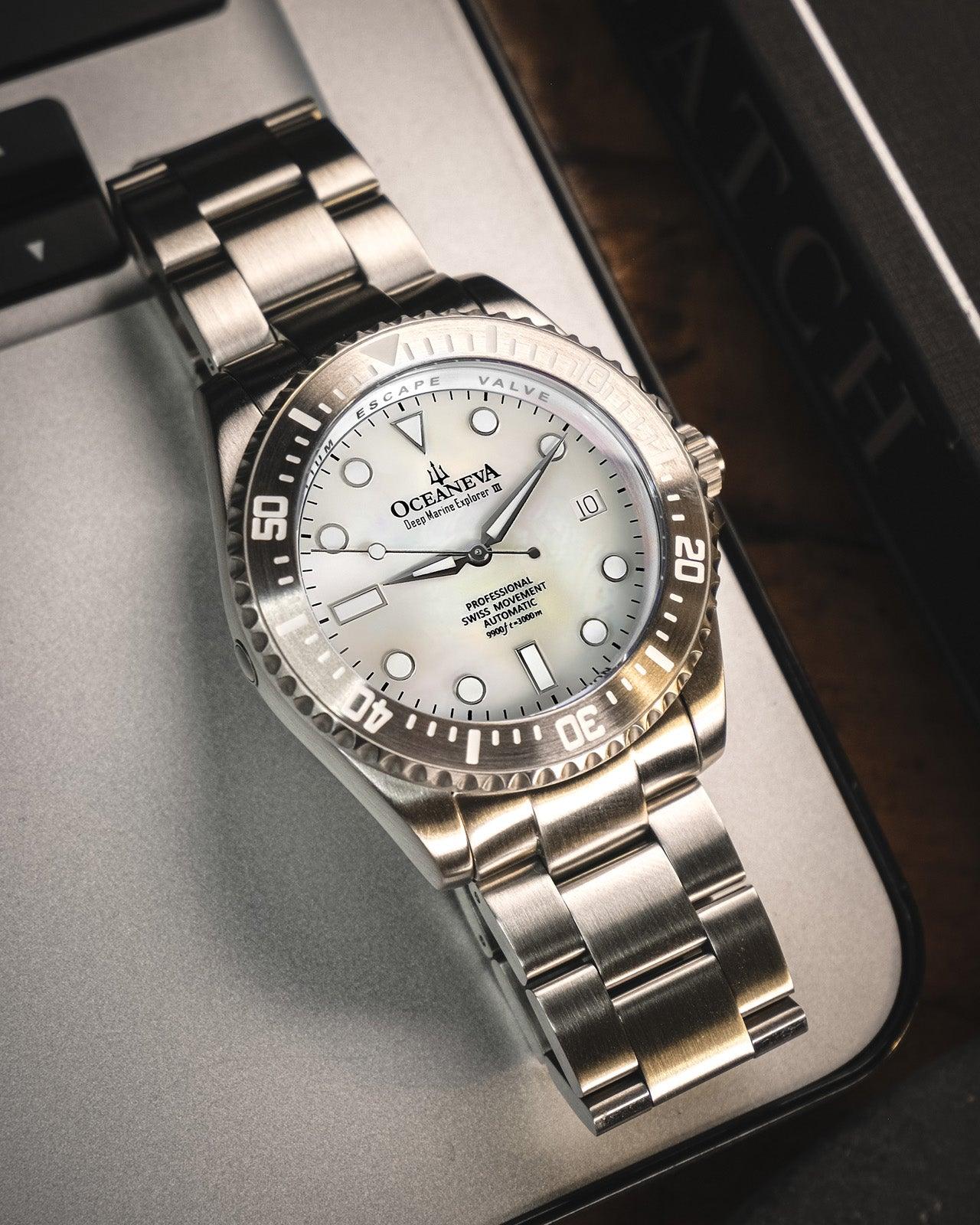 Oceaneva Men's Deep Marine Explorer III 3000M Pro Diver Watch White Mother Of Pearl Dial - STIIIWMP200ST 3000m, 3000M Dive Watch, 316L Stainless Steel, Automatic Watch, BGW9 Swiss Super-Luminova, Dive Watch, Sw200-1 Swiss Automatic Movement