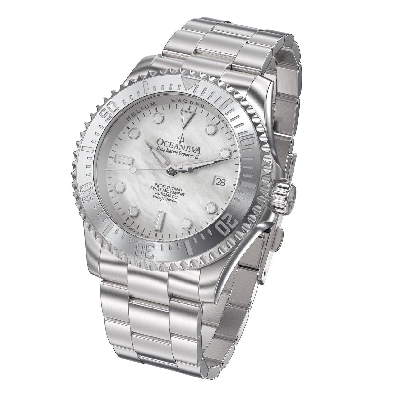 Oceaneva Men's Deep Marine Explorer III 3000M Pro Diver Watch White Mother Of Pearl Dial - STIIIWMP200ST 3000m, 3000M Dive Watch, 316L Stainless Steel, Automatic Watch, BGW9 Swiss Super-Luminova, Dive Watch, Sw200-1 Swiss Automatic Movement