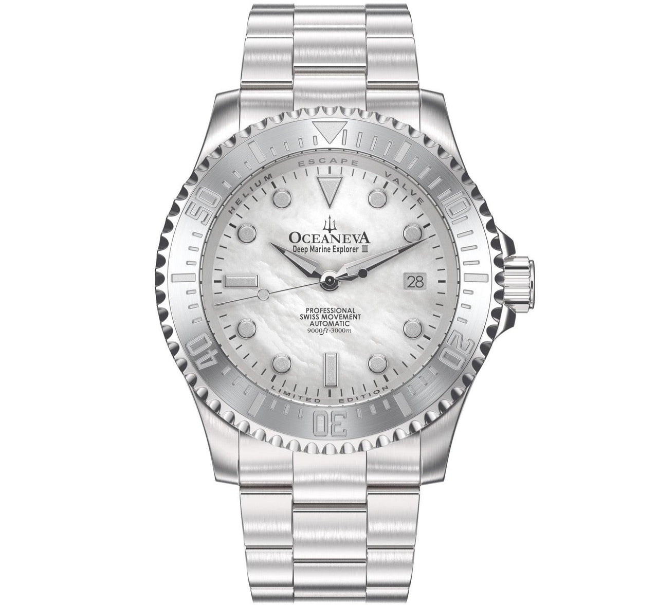 Oceaneva Men's Deep Marine Explorer III 3000M Pro Diver Watch White Mother Of Pearl Dial - STIIIWMP200ST 3000m, 3000M Dive Watch, 316L Stainless Steel, Automatic Watch, BGW9 Swiss Super-Luminova, Dive Watch, Sw200-1 Swiss Automatic Movement