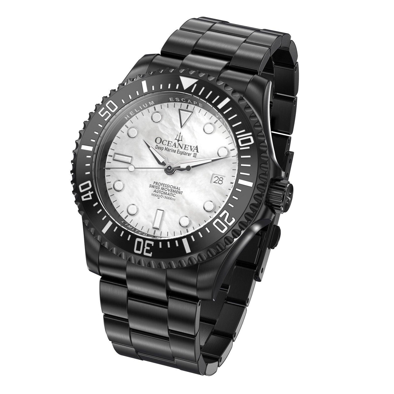 Oceaneva Men's Deep Marine Explorer III 3000M Pro Diver Watch White Mother Of Pearl Dial Black IP - BKIIIWMP200BK 3000m, 3000M Dive Watch, 316L Stainless Steel, Automatic Watch, BGW9 Swiss Super-Luminova, Dive Watch, Sw200-1 Swiss Automatic Movement