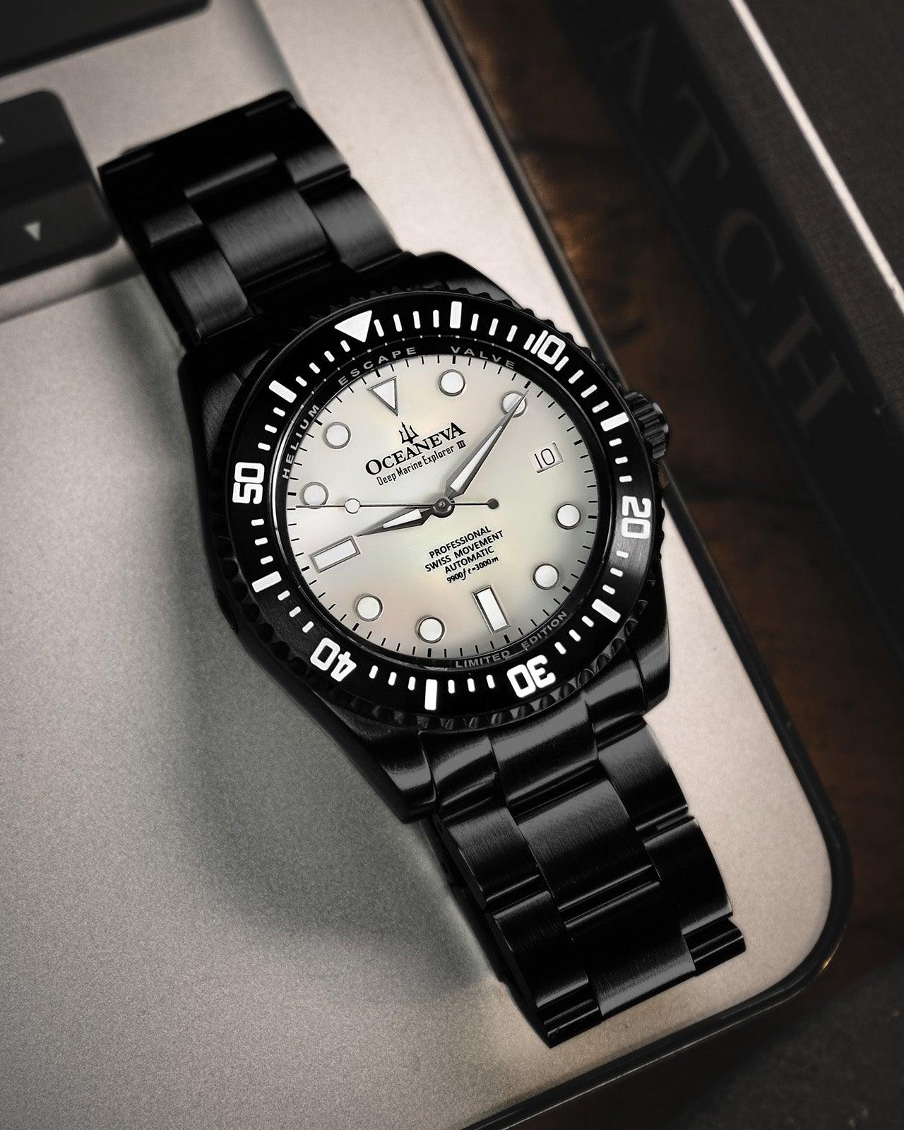 Oceaneva Men's Deep Marine Explorer III 3000M Pro Diver Watch White Mother Of Pearl Dial Black IP - BKIIIWMP200BK 3000m, 3000M Dive Watch, 316L Stainless Steel, Automatic Watch, BGW9 Swiss Super-Luminova, Dive Watch, Sw200-1 Swiss Automatic Movement