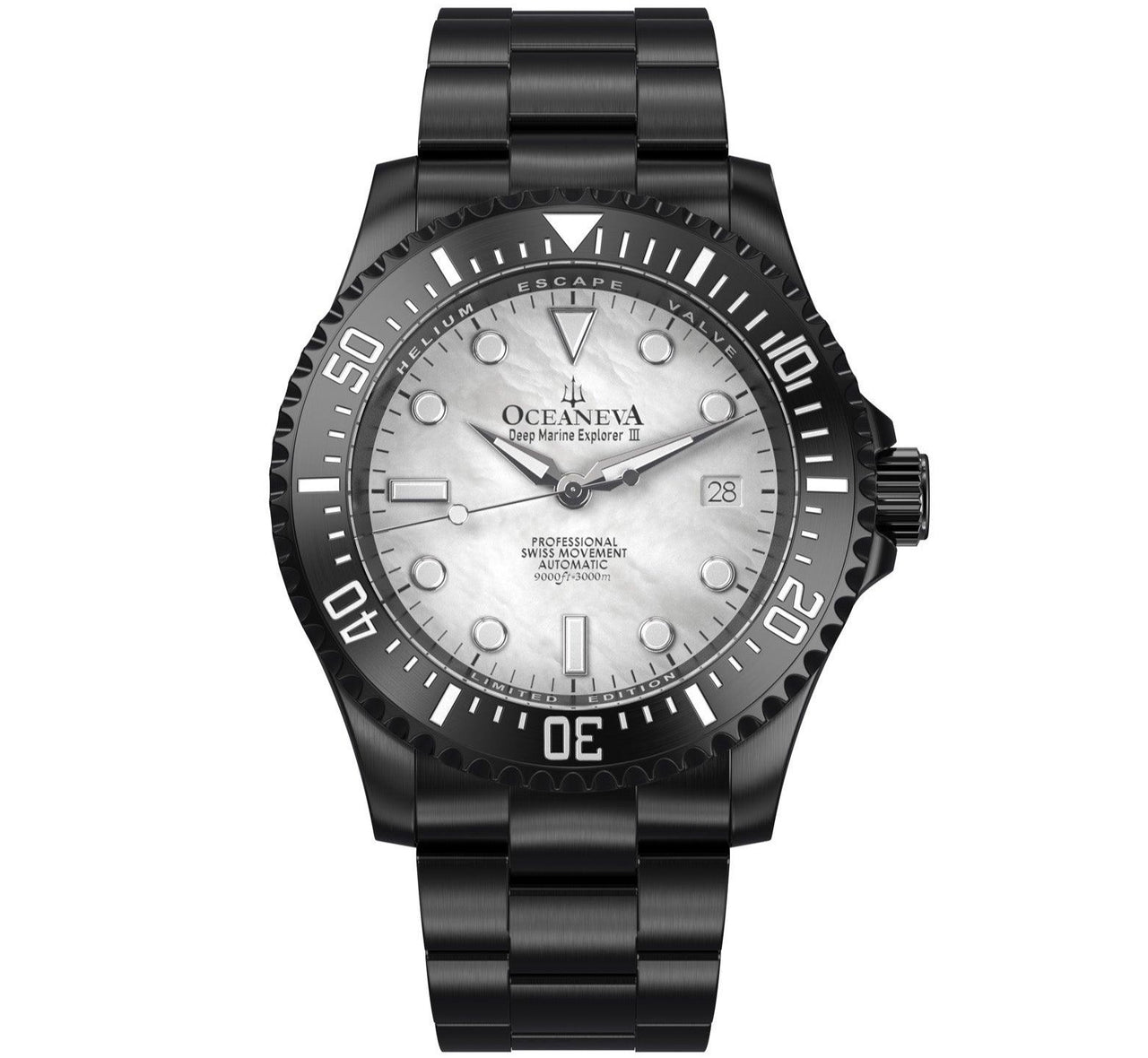 Oceaneva Men's Deep Marine Explorer III 3000M Pro Diver Watch White Mother Of Pearl Dial Black IP - BKIIIWMP200BK 3000m, 3000M Dive Watch, 316L Stainless Steel, Automatic Watch, BGW9 Swiss Super-Luminova, Dive Watch, Sw200-1 Swiss Automatic Movement