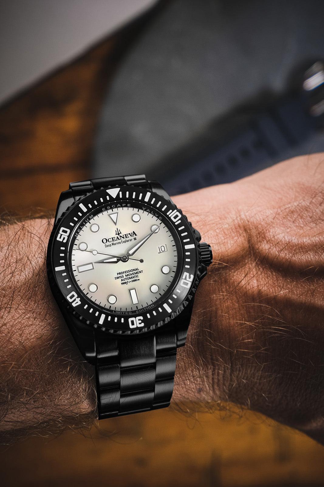 Oceaneva Men's Deep Marine Explorer III 3000M Pro Diver Watch White Mother Of Pearl Dial Black IP - BKIIIWMP200BK 3000m, 3000M Dive Watch, 316L Stainless Steel, Automatic Watch, BGW9 Swiss Super-Luminova, Dive Watch, Sw200-1 Swiss Automatic Movement