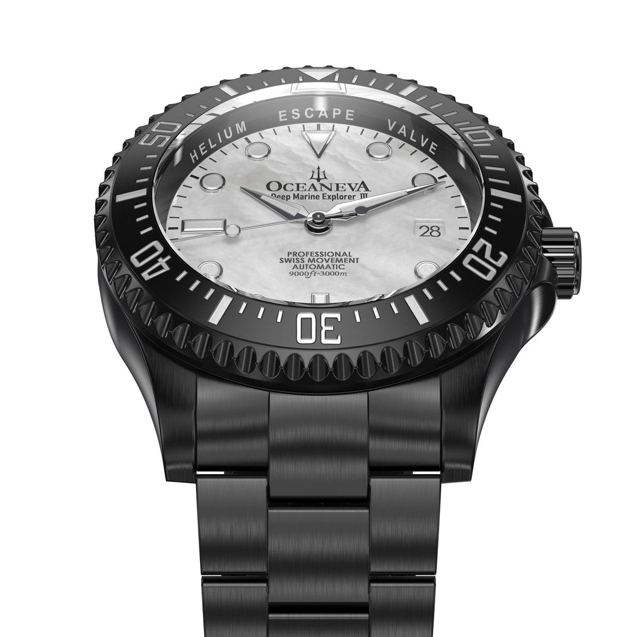 Oceaneva Men's Deep Marine Explorer III 3000M Pro Diver Watch White Mother Of Pearl Dial Black IP - BKIIIWMP200BK 3000m, 3000M Dive Watch, 316L Stainless Steel, Automatic Watch, BGW9 Swiss Super-Luminova, Dive Watch, Sw200-1 Swiss Automatic Movement