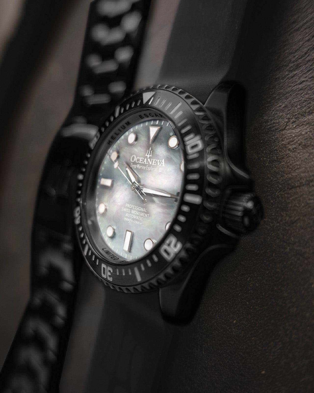 Oceaneva Men's Deep Marine Explorer III 3000M Pro Diver Watch White Mother Of Pearl Dial Black IP - BKIIIWMP200BK 3000m, 3000M Dive Watch, 316L Stainless Steel, Automatic Watch, BGW9 Swiss Super-Luminova, Dive Watch, Sw200-1 Swiss Automatic Movement