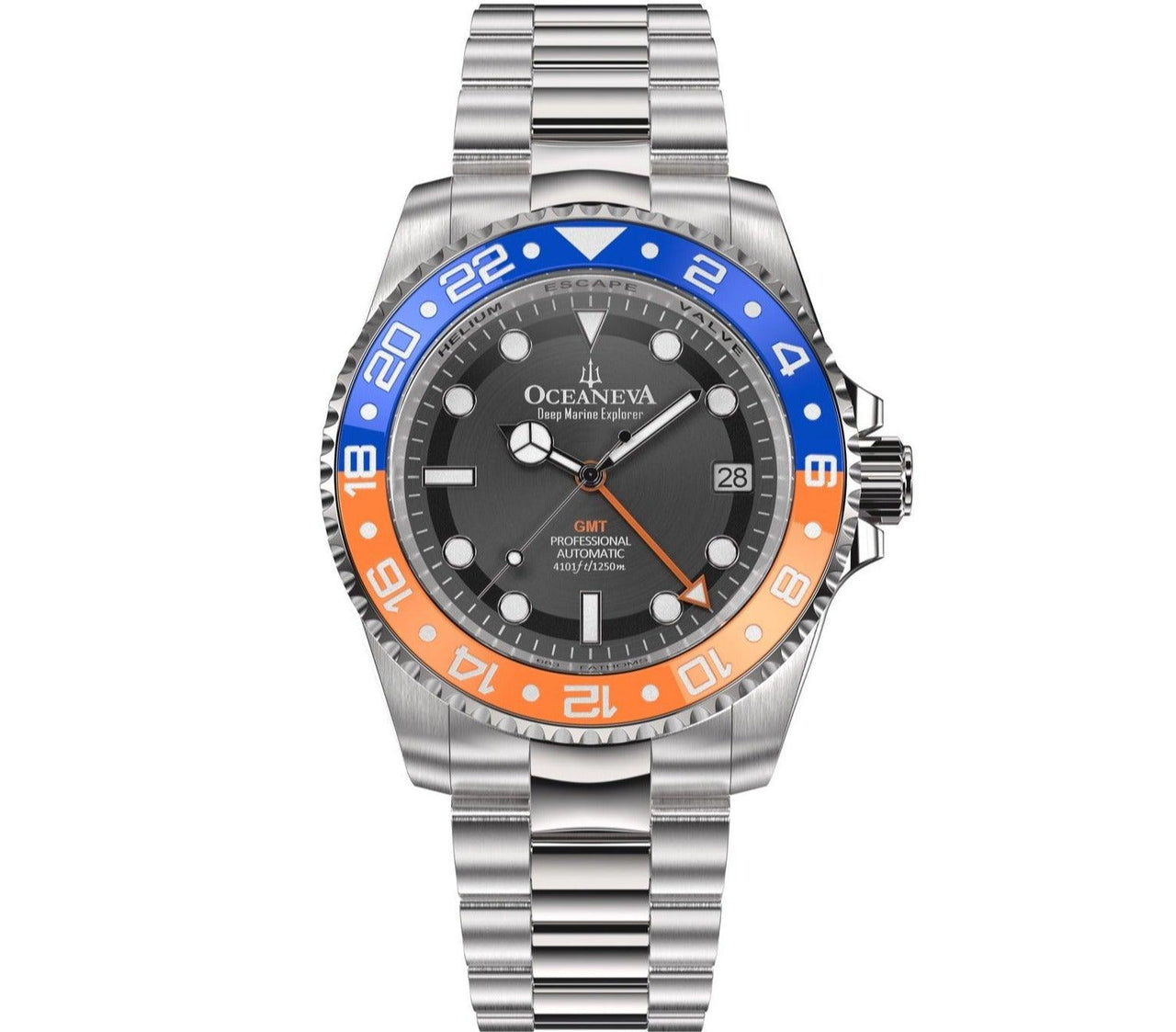 Oceaneva Men's GMT Automatic Deep Marine Explorer 1250M Pro Diver Blue Orange Bezel Watch - BK.BL.NH.OY.GMT.ST automatic GMT watch, Automatic watches, Diver GMT, GMT Dive Watch, v