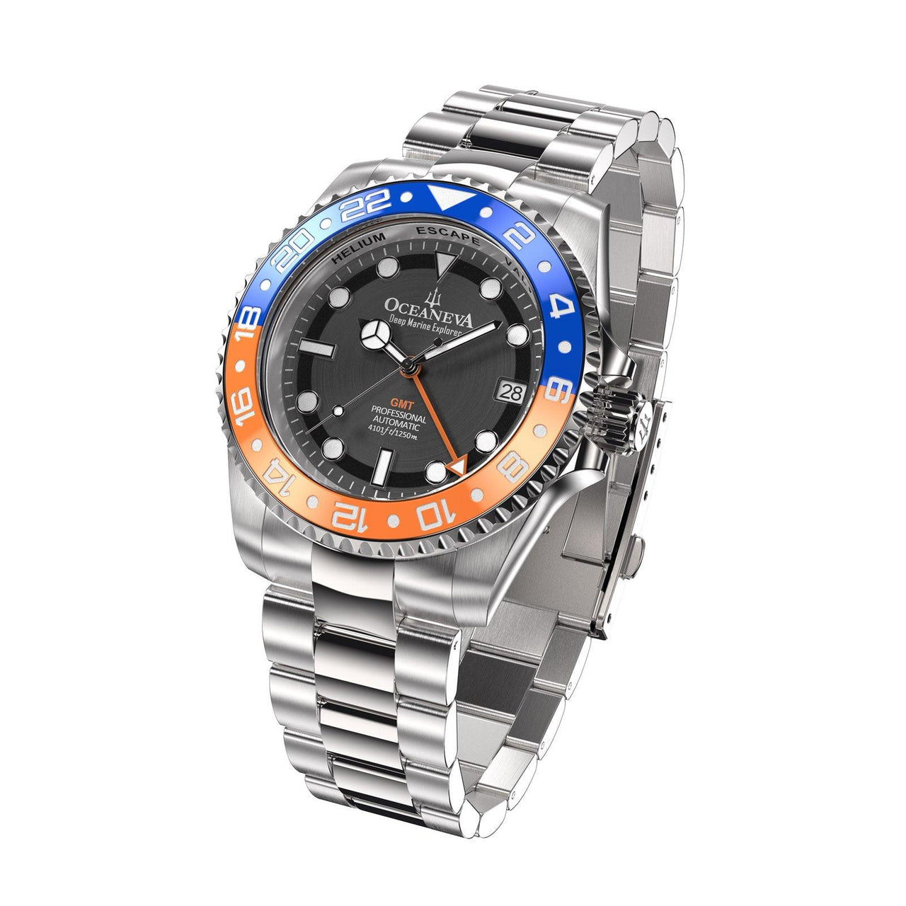 Oceaneva Men's GMT Automatic Deep Marine Explorer 1250M Pro Diver Blue Orange Bezel Watch - BK.BL.NH.OY.GMT.ST automatic GMT watch, Automatic watches, Diver GMT, GMT Dive Watch, v