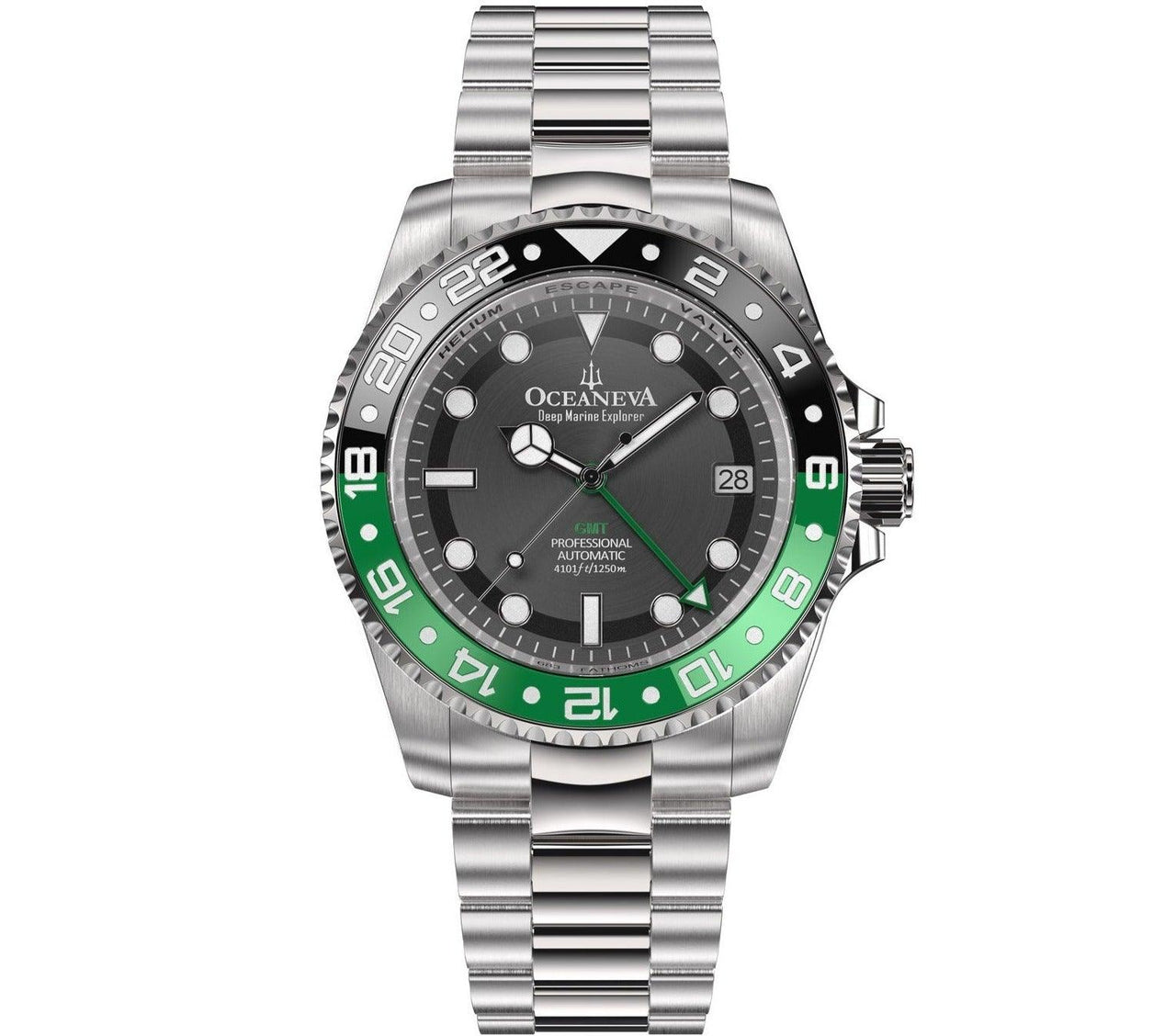 Oceaneva Men's GMT Automatic Deep Marine Explorer 1250M Pro Diver Watch - BK.GR.NH.BK.GMT.ST 1250M diver, 316L Stainless Steel watch, BGW9 Swiss Super-Luminova, dive watch, GMT, GMT Automatic Watch, GMT NH34 Movement