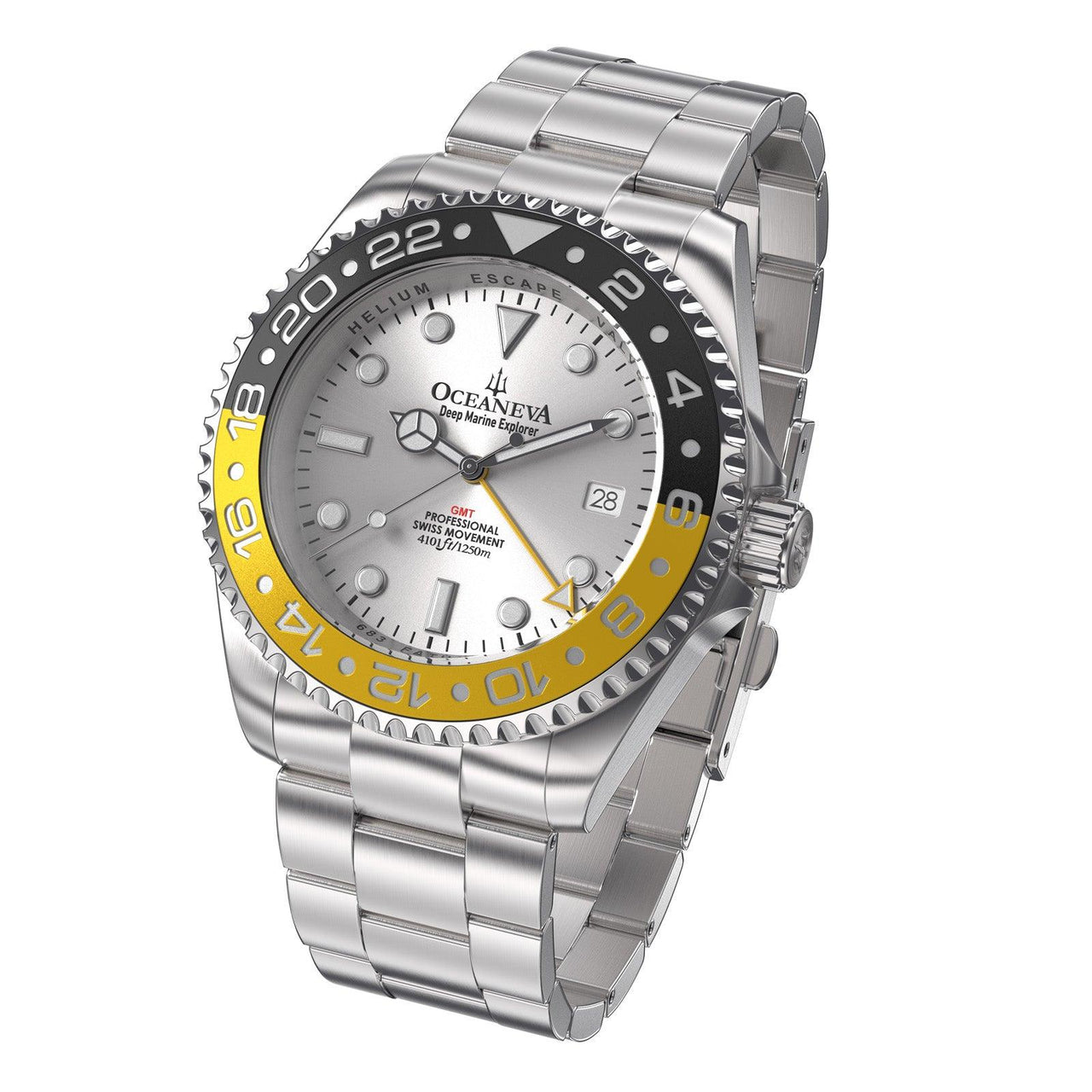 Oceaneva Men's GMT Deep Marine Explorer 1250M Pro Diver Silver Dial Watch Yellow and Black - SL.BK.RH.YL.GMT.ST 1250M diver, BGW9 Swiss-Superluminova, Dive Watch, GMT, GMT Wach, GMT Watch, Stainless Steel Dive Watch, Stainless Steel Watch, Swiss Quartz Movement