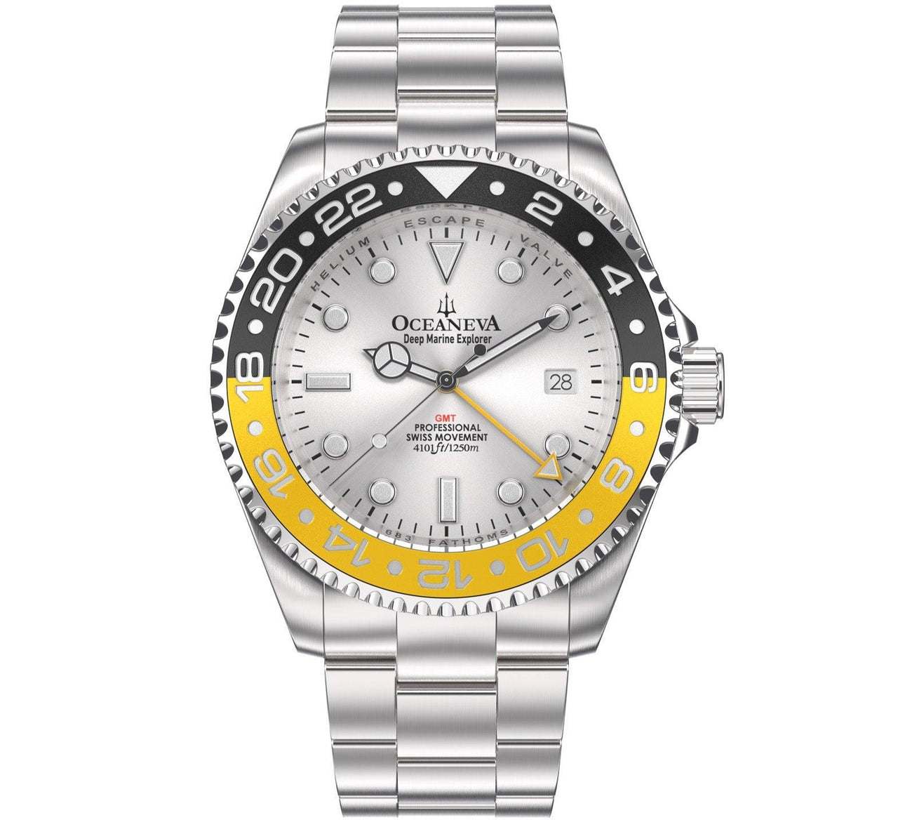 Oceaneva Men's GMT Deep Marine Explorer 1250M Pro Diver Silver Dial Watch Yellow and Black - SL.BK.RH.YL.GMT.ST 1250M diver, BGW9 Swiss-Superluminova, Dive Watch, GMT, GMT Wach, GMT Watch, Stainless Steel Dive Watch, Stainless Steel Watch, Swiss Quartz Movement