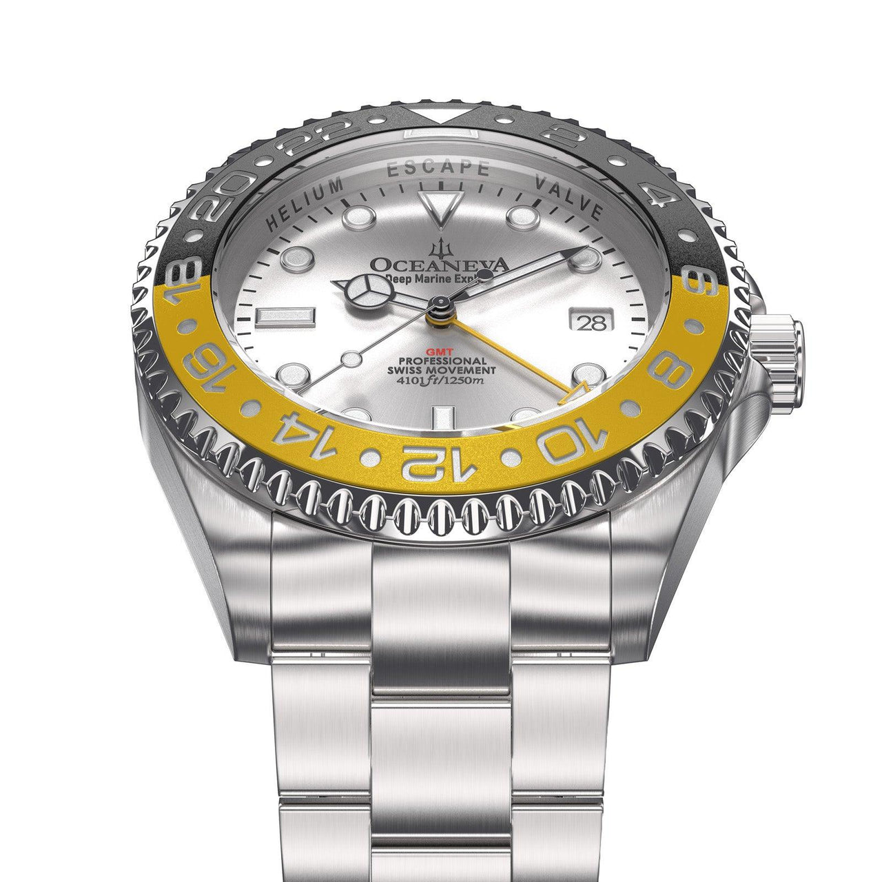 Oceaneva Men's GMT Deep Marine Explorer 1250M Pro Diver Silver Dial Watch Yellow and Black - SL.BK.RH.YL.GMT.ST 1250M diver, BGW9 Swiss-Superluminova, Dive Watch, GMT, GMT Wach, GMT Watch, Stainless Steel Dive Watch, Stainless Steel Watch, Swiss Quartz Movement