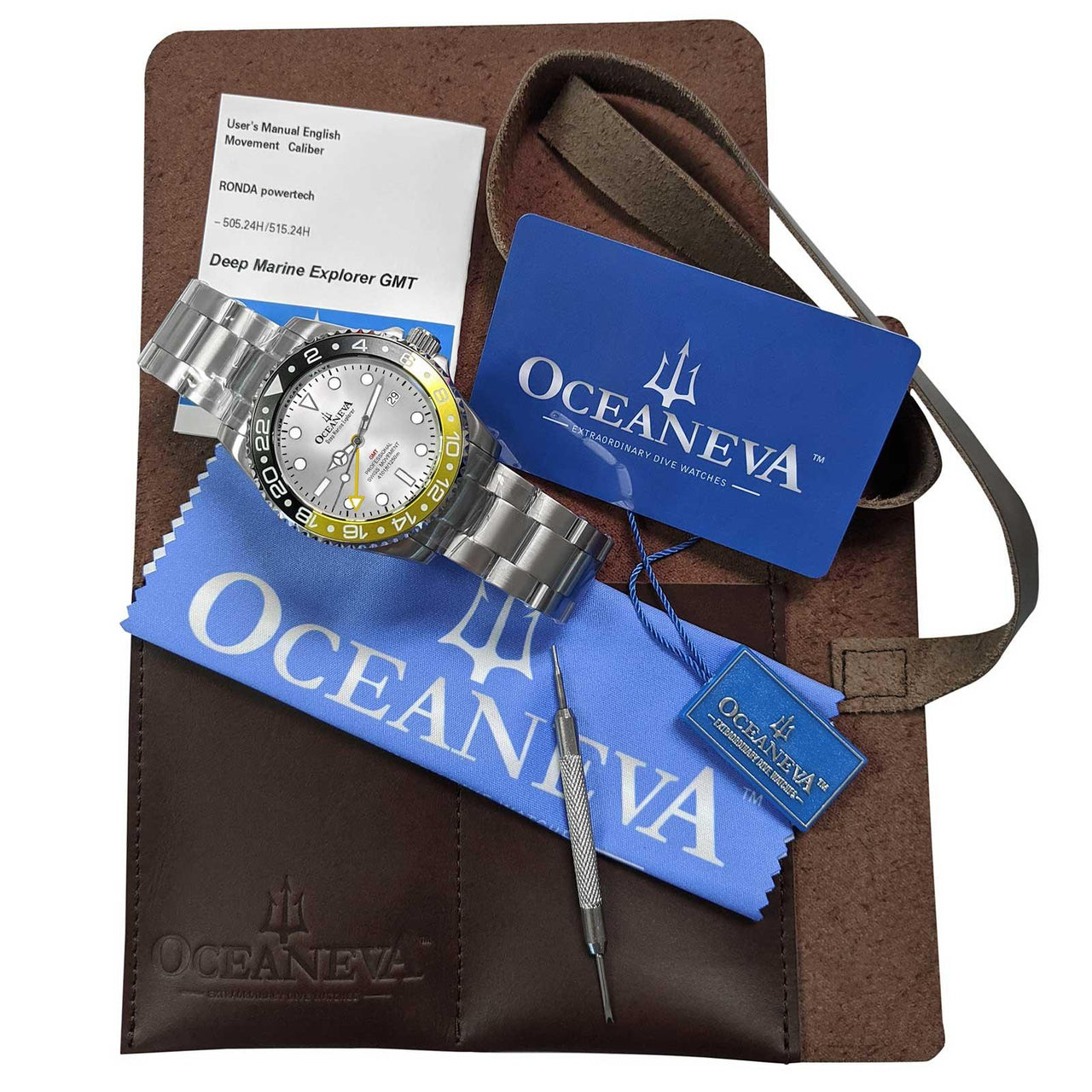 Oceaneva Men's GMT Deep Marine Explorer 1250M Pro Diver Silver Dial Watch Yellow and Black - SL.BK.RH.YL.GMT.ST 1250M diver, BGW9 Swiss-Superluminova, Dive Watch, GMT, GMT Wach, GMT Watch, Stainless Steel Dive Watch, Stainless Steel Watch, Swiss Quartz Movement