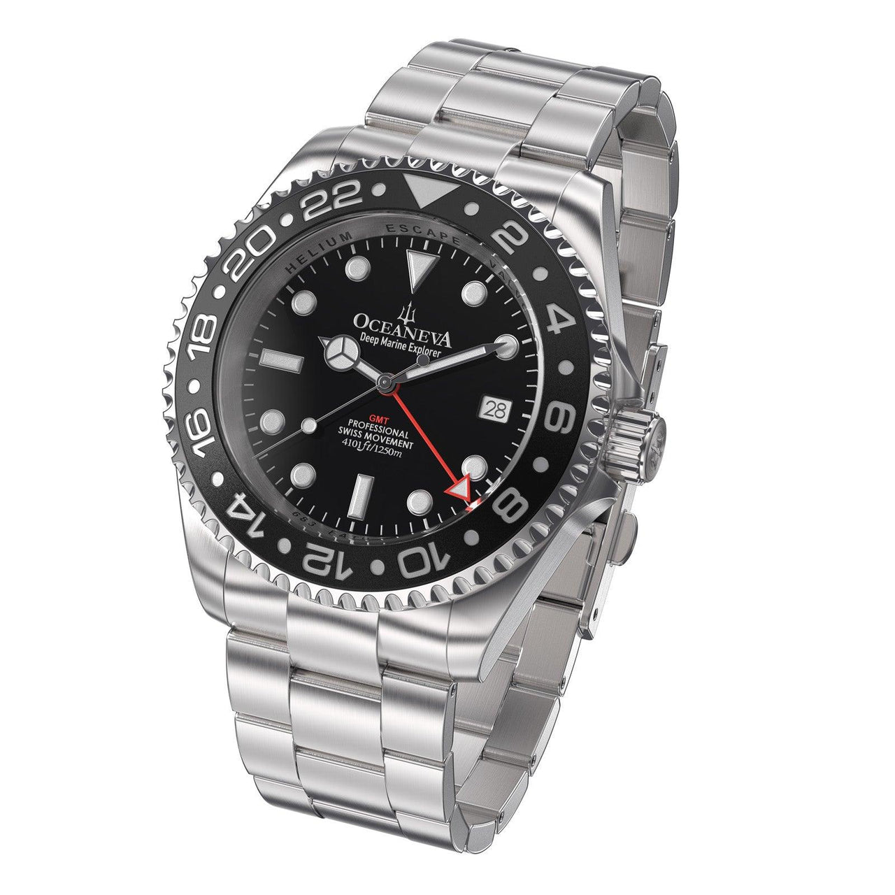 Oceaneva Men's GMT Deep Marine Explorer 1250M Pro Diver Watch Black - BK.RH.BK.GMT.ST 1250M diver, BGW9 Swiss-Superluminova, Dive Watch, GMT, GMT Wach, GMT Watch, Stainless Steel Dive Watch, Stainless Steel Watch, Swiss Quartz Movement