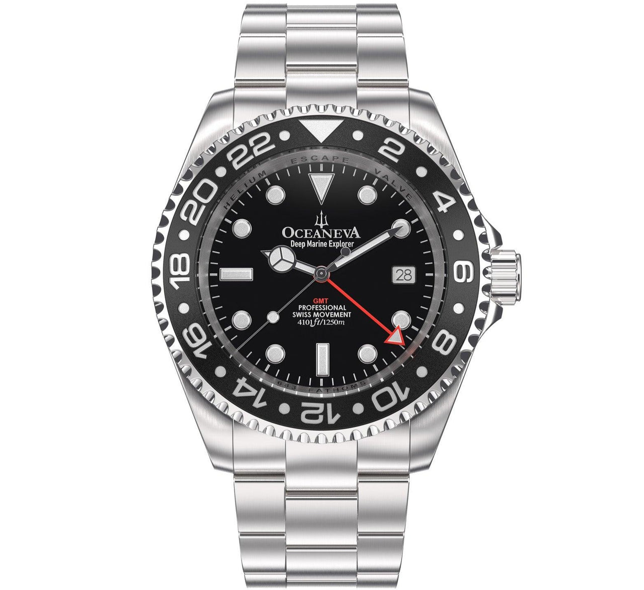 Oceaneva Men's GMT Deep Marine Explorer 1250M Pro Diver Watch Black - BK.RH.BK.GMT.ST 1250M diver, BGW9 Swiss-Superluminova, Dive Watch, GMT, GMT Wach, GMT Watch, Stainless Steel Dive Watch, Stainless Steel Watch, Swiss Quartz Movement