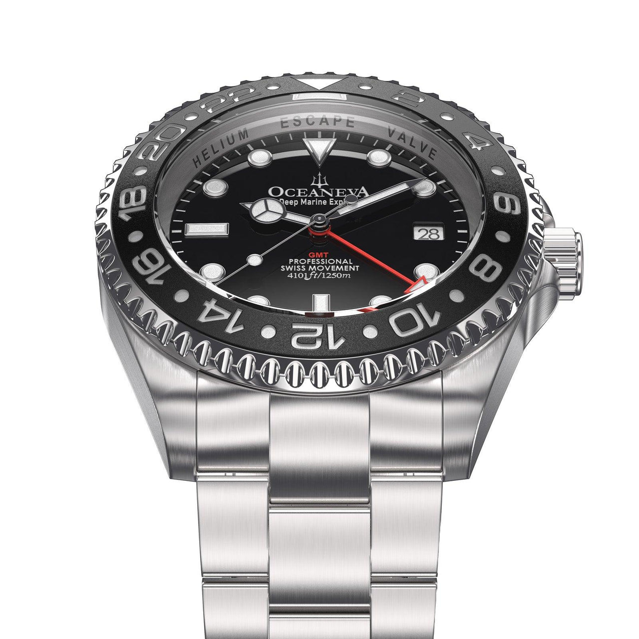 Oceaneva Men's GMT Deep Marine Explorer 1250M Pro Diver Watch Black - BK.RH.BK.GMT.ST 1250M diver, BGW9 Swiss-Superluminova, Dive Watch, GMT, GMT Wach, GMT Watch, Stainless Steel Dive Watch, Stainless Steel Watch, Swiss Quartz Movement