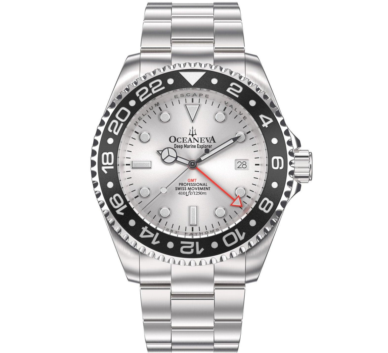 Oceaneva Men's GMT Deep Marine Explorer 1250M Pro Diver Watch Black Silver Dial - SL.BK.RH.BK.GMT.ST 1250M diver, BGW9 Swiss-Superluminova, Dive Watch, GMT, GMT Wach, GMT Watch, Stainless Steel Dive Watch, Stainless Steel Watch, Swiss Quartz Movement