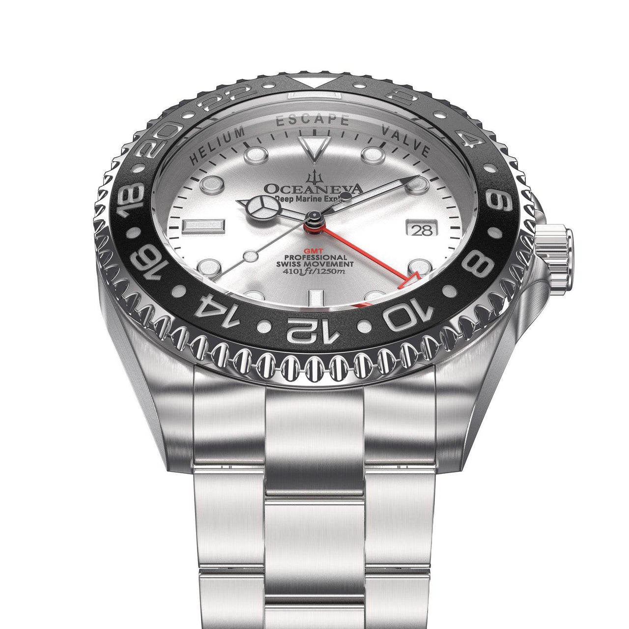 Oceaneva Men's GMT Deep Marine Explorer 1250M Pro Diver Watch Black Silver Dial - SL.BK.RH.BK.GMT.ST 1250M diver, BGW9 Swiss-Superluminova, Dive Watch, GMT, GMT Wach, GMT Watch, Stainless Steel Dive Watch, Stainless Steel Watch, Swiss Quartz Movement