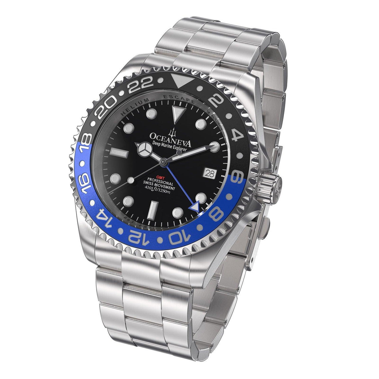 Oceaneva Men's GMT Deep Marine Explorer 1250M Pro Diver Watch Blue and Black - BL.RH.BK.GMT.ST 1250M diver, Dive Watch, Diver watch, GMT, GMT Wach, GMT Watch, Stainless Steel Dive Watch, Stainless Steel Watch, Swiss Quartz Movement