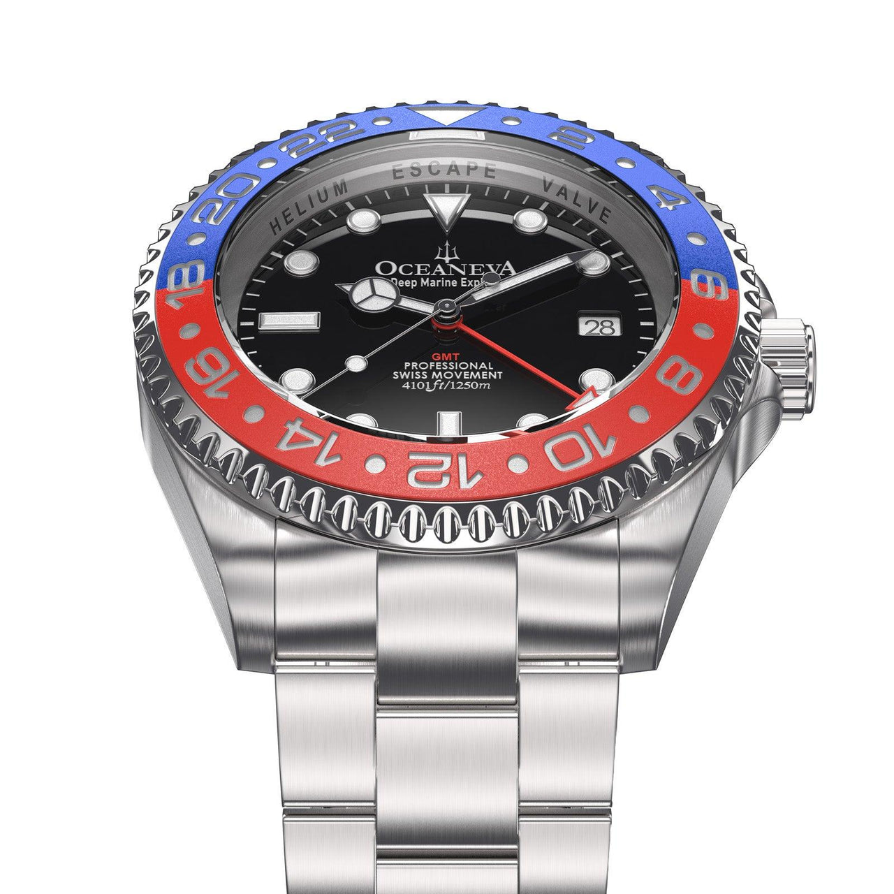 Oceaneva Men's GMT Deep Marine Explorer 1250M Pro Diver Watch Blue and Red - RD.RH.BL.GMT.ST Dive Watch, GMT, GMT Wach, GMT Watch, Stainless Steel Dive Watch, Stainless Steel Watch, Swiss Quartz Movement