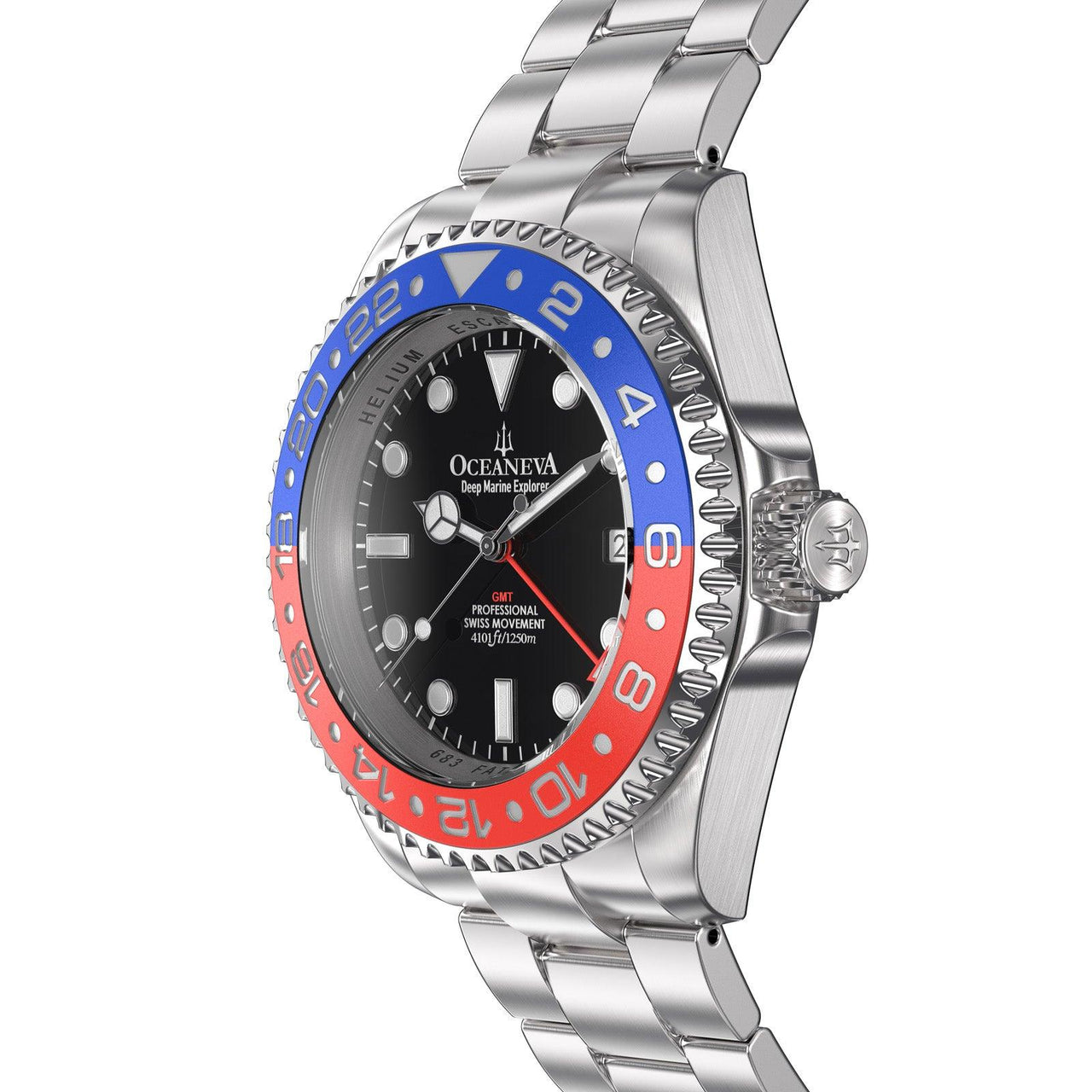 Oceaneva Men's GMT Deep Marine Explorer 1250M Pro Diver Watch Blue and Red - RD.RH.BL.GMT.ST Dive Watch, GMT, GMT Wach, GMT Watch, Stainless Steel Dive Watch, Stainless Steel Watch, Swiss Quartz Movement