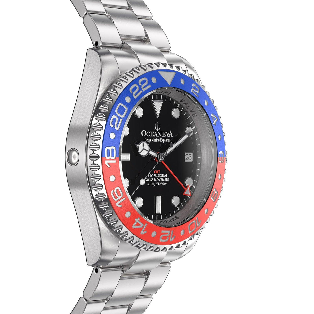 Oceaneva Men's GMT Deep Marine Explorer 1250M Pro Diver Watch Blue and Red - RD.RH.BL.GMT.ST Dive Watch, GMT, GMT Wach, GMT Watch, Stainless Steel Dive Watch, Stainless Steel Watch, Swiss Quartz Movement