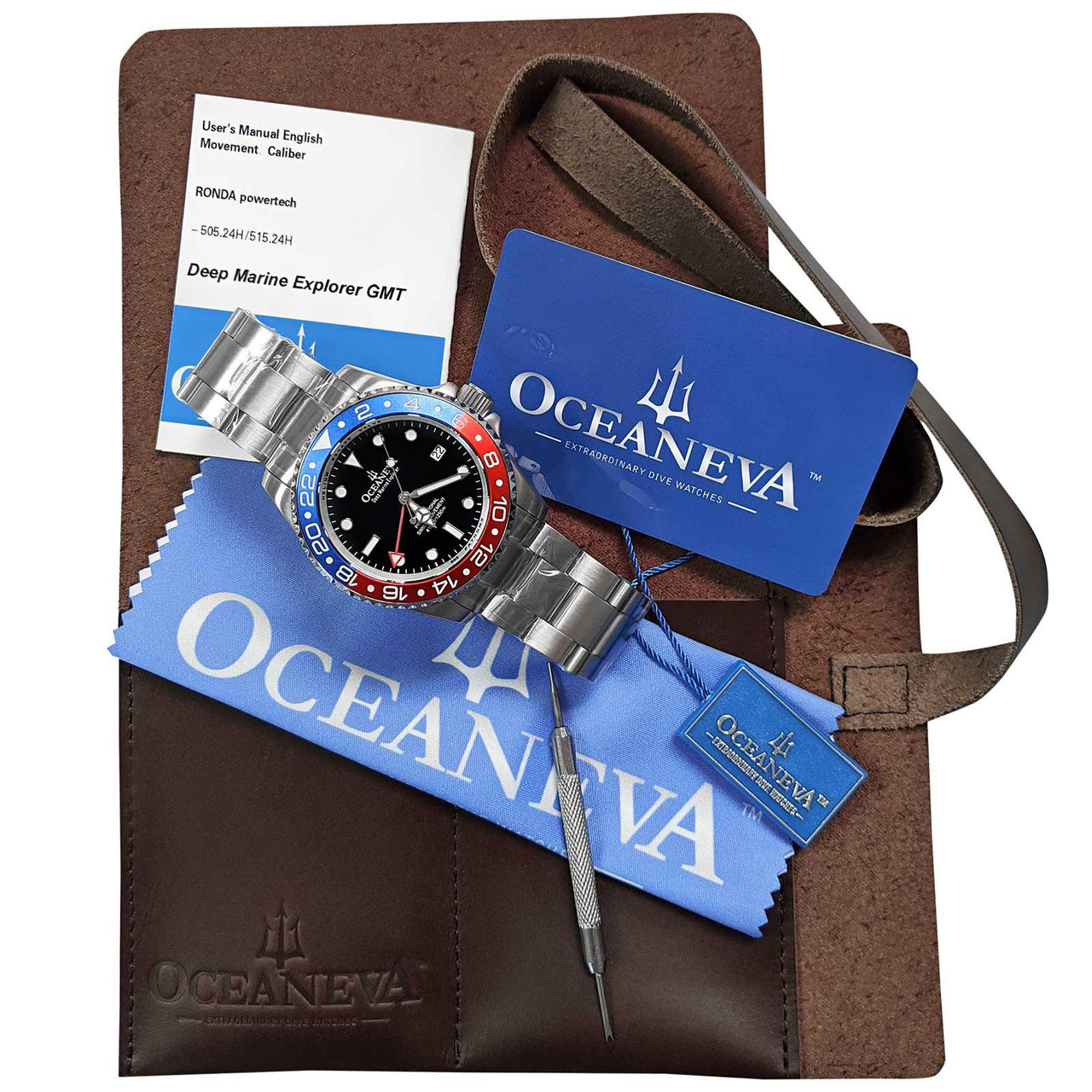 Oceaneva Men's GMT Deep Marine Explorer 1250M Pro Diver Watch Blue and Red - RD.RH.BL.GMT.ST Dive Watch, GMT, GMT Wach, GMT Watch, Stainless Steel Dive Watch, Stainless Steel Watch, Swiss Quartz Movement