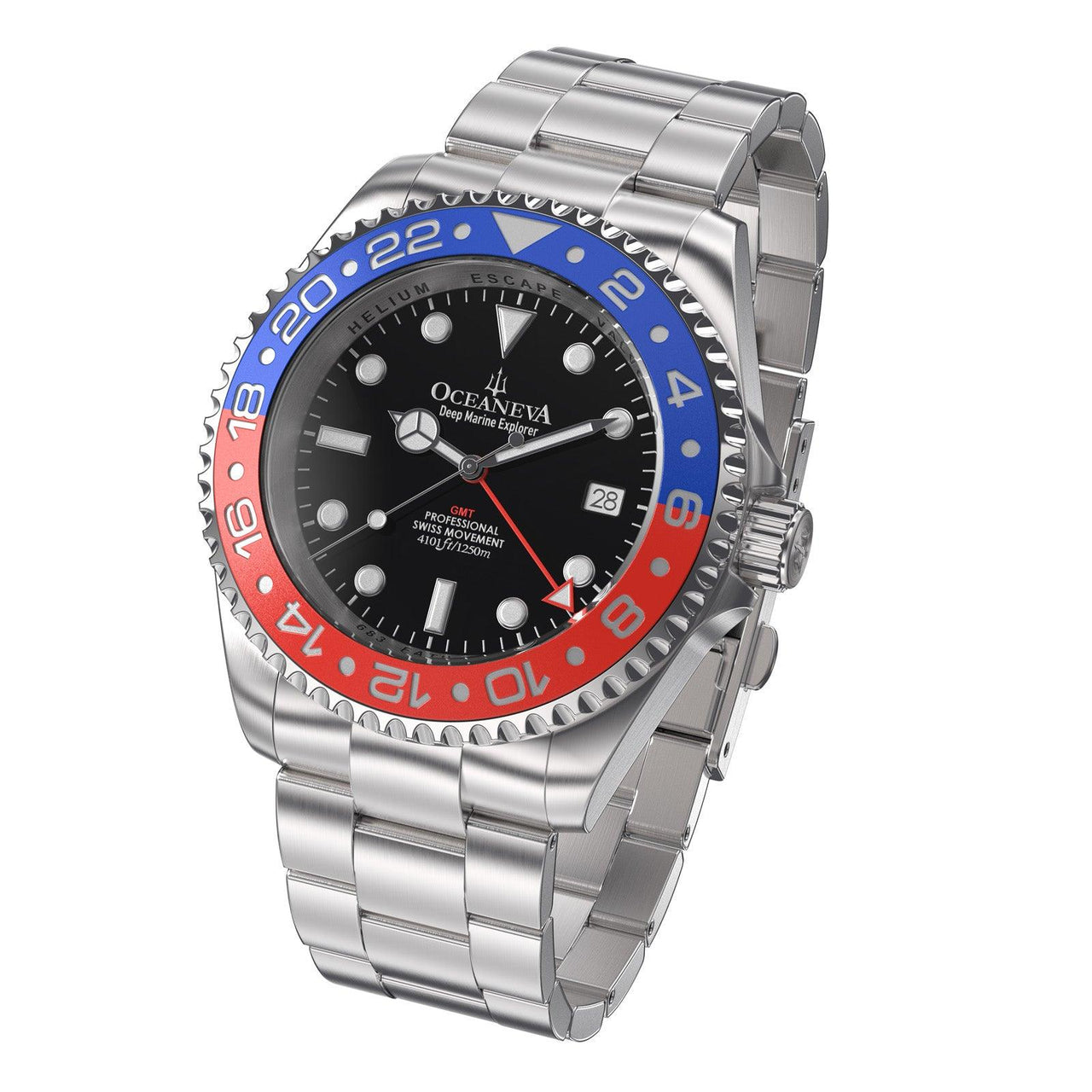 Oceaneva Men's GMT Deep Marine Explorer 1250M Pro Diver Watch Blue and Red - RD.RH.BL.GMT.ST Dive Watch, GMT, GMT Wach, GMT Watch, Stainless Steel Dive Watch, Stainless Steel Watch, Swiss Quartz Movement