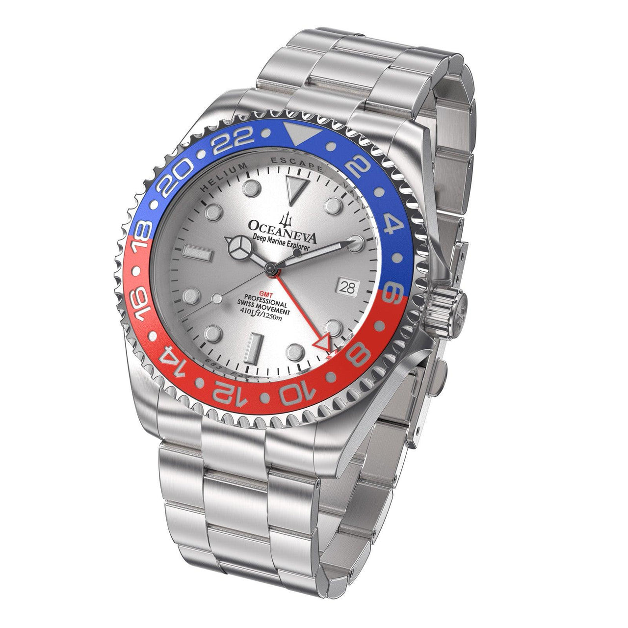 Oceaneva Men's GMT Deep Marine Explorer 1250M Pro Diver Watch Blue and Red Silver Dial - SL.RD.RH.BL.GMT.ST 1250M diver, BGW9 Swiss-Superluminova, Dive Watch, GMT, GMT Wach, GMT Watch, Stainless Steel Dive Watch, Stainless Steel Watch, Swiss Quartz Movement