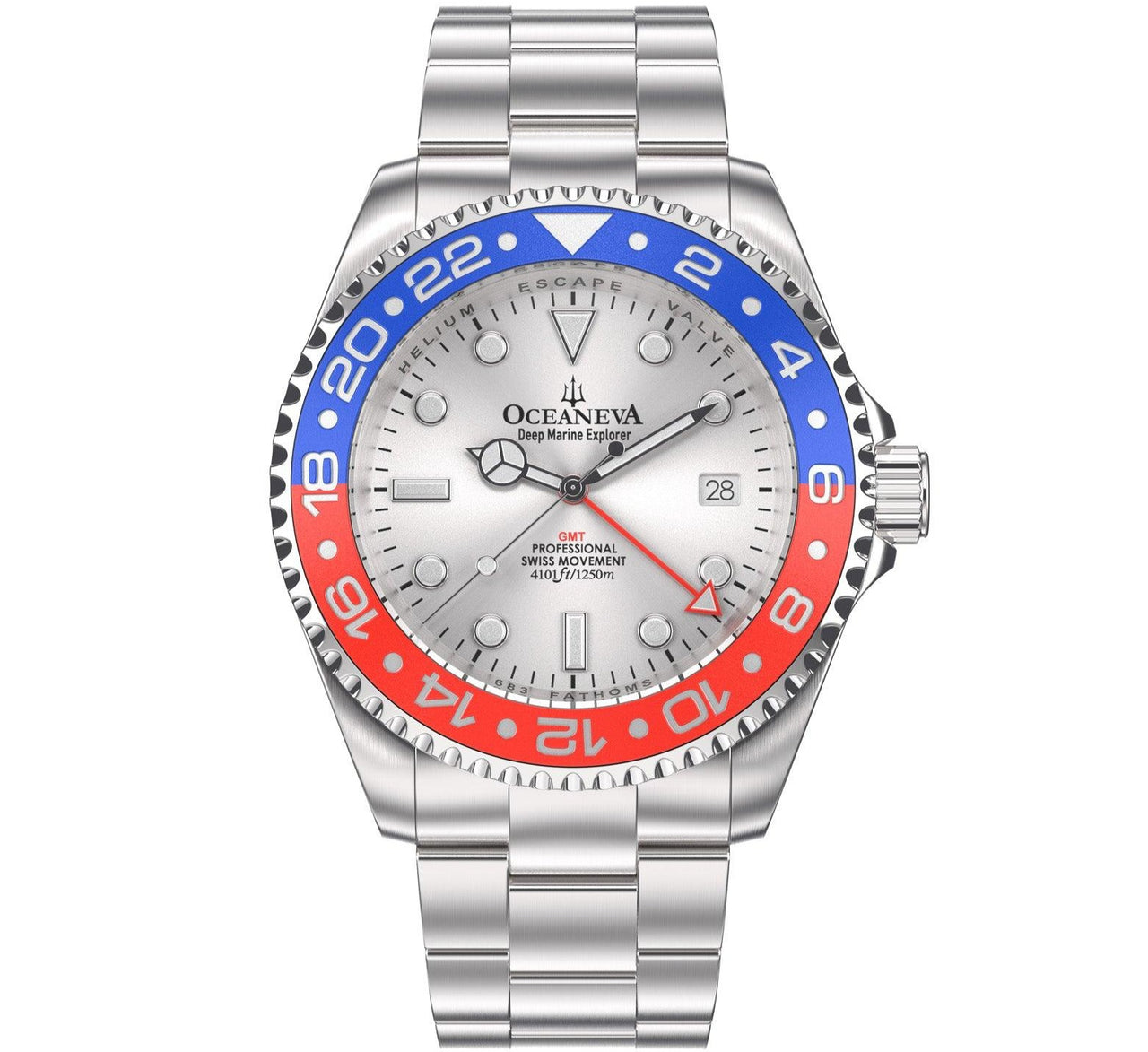 Oceaneva Men's GMT Deep Marine Explorer 1250M Pro Diver Watch Blue and Red Silver Dial - SL.RD.RH.BL.GMT.ST 1250M diver, BGW9 Swiss-Superluminova, Dive Watch, GMT, GMT Wach, GMT Watch, Stainless Steel Dive Watch, Stainless Steel Watch, Swiss Quartz Movement