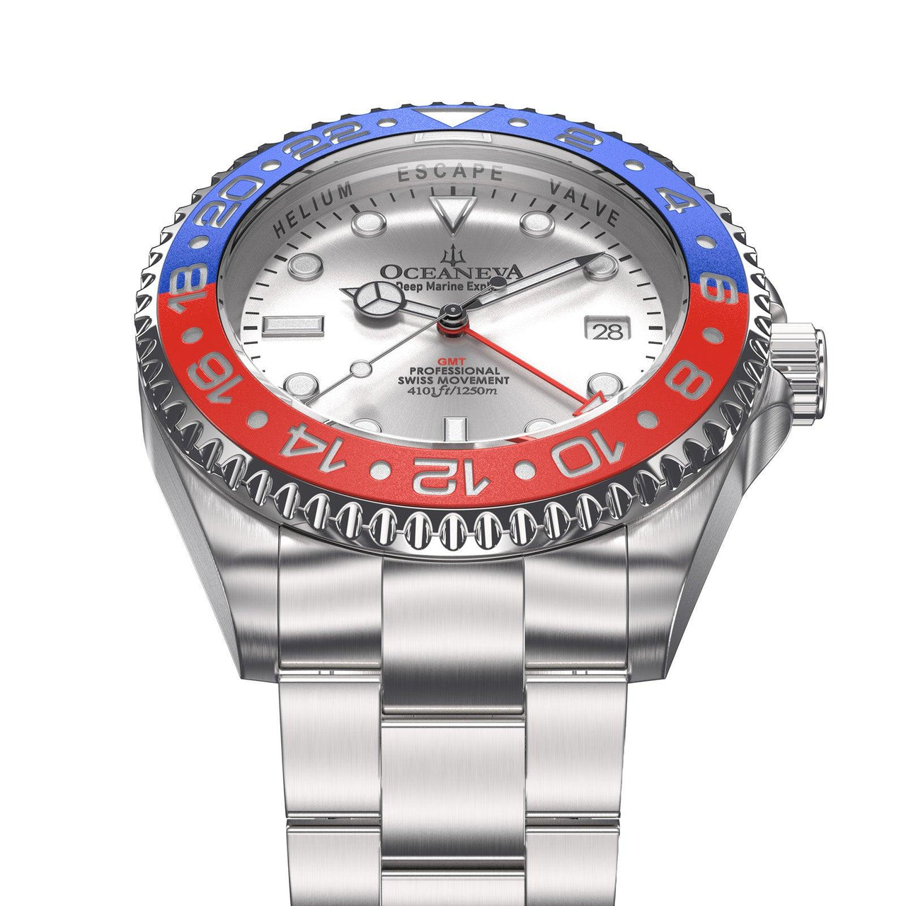 Oceaneva Men's GMT Deep Marine Explorer 1250M Pro Diver Watch Blue and Red Silver Dial - SL.RD.RH.BL.GMT.ST 1250M diver, BGW9 Swiss-Superluminova, Dive Watch, GMT, GMT Wach, GMT Watch, Stainless Steel Dive Watch, Stainless Steel Watch, Swiss Quartz Movement