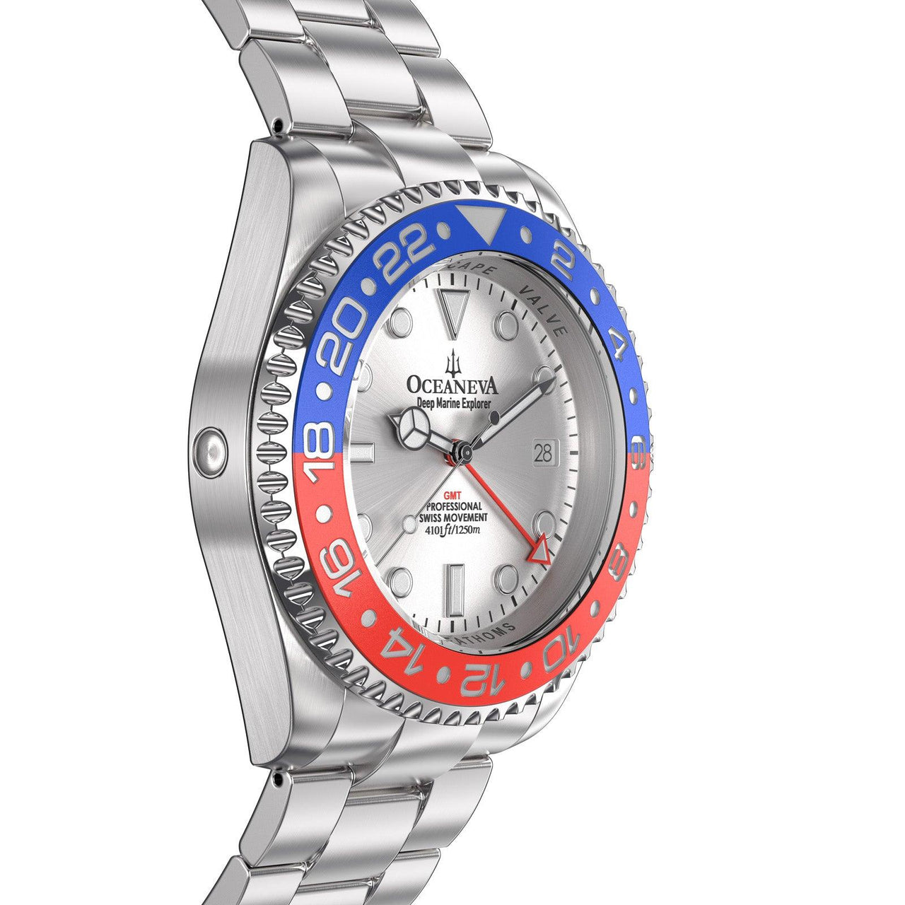 Oceaneva Men's GMT Deep Marine Explorer 1250M Pro Diver Watch Blue and Red Silver Dial - SL.RD.RH.BL.GMT.ST 1250M diver, BGW9 Swiss-Superluminova, Dive Watch, GMT, GMT Wach, GMT Watch, Stainless Steel Dive Watch, Stainless Steel Watch, Swiss Quartz Movement