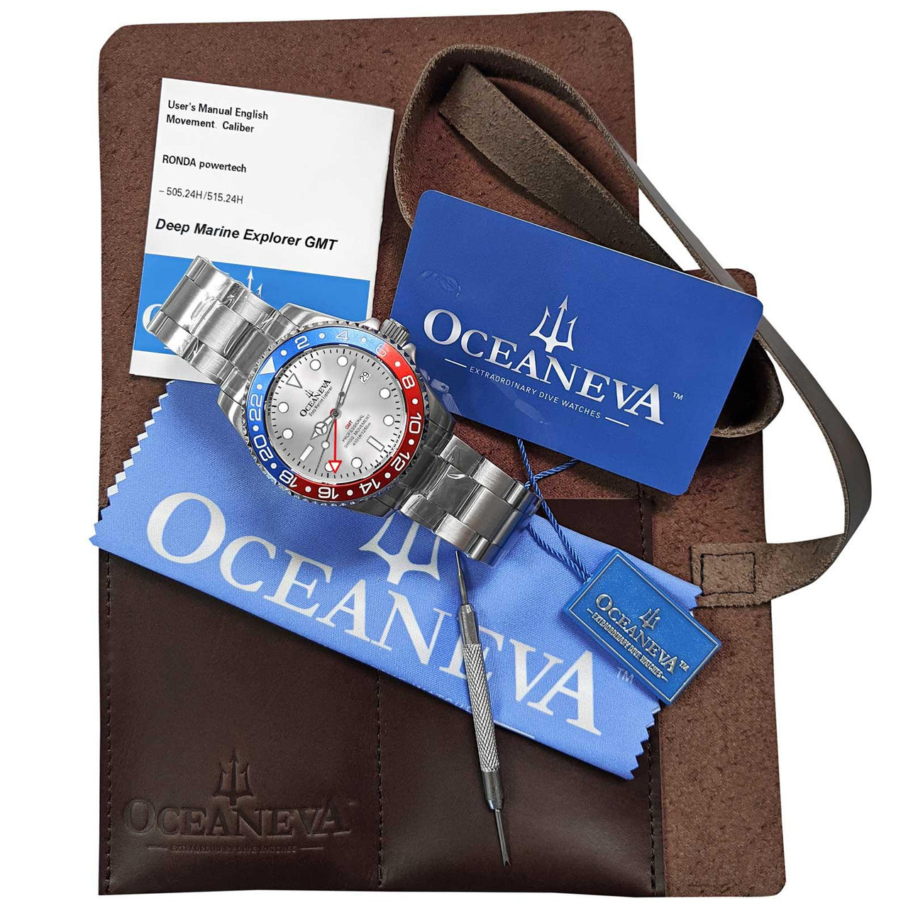 Oceaneva Men's GMT Deep Marine Explorer 1250M Pro Diver Watch Blue and Red Silver Dial - SL.RD.RH.BL.GMT.ST 1250M diver, BGW9 Swiss-Superluminova, Dive Watch, GMT, GMT Wach, GMT Watch, Stainless Steel Dive Watch, Stainless Steel Watch, Swiss Quartz Movement