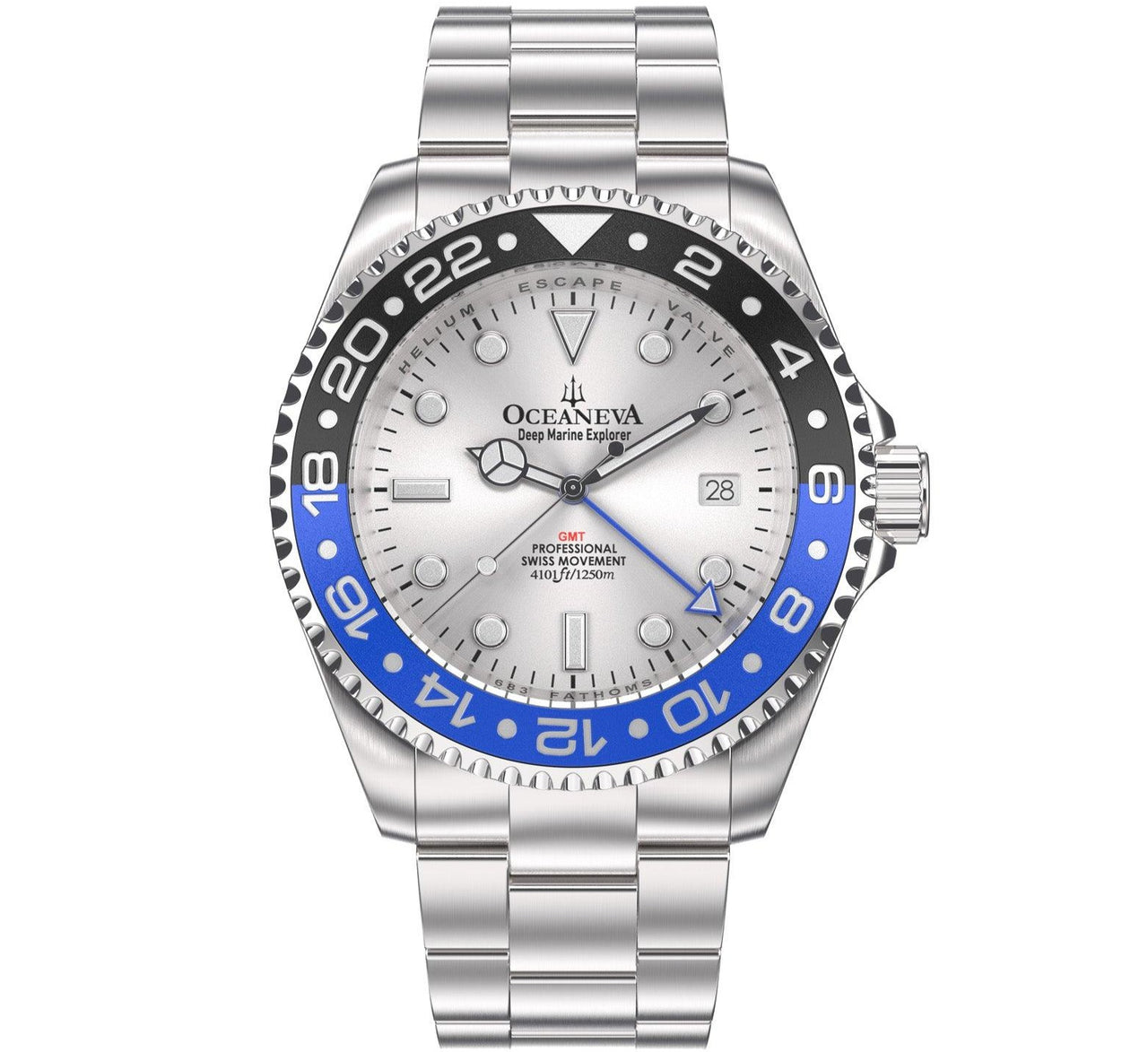 Oceaneva Men's GMT Deep Marine Explorer 1250M Pro Diver Watch Blue Black Silver Dial - SL.BL.RH.BK.GMT.ST 1250M diver, BGW9 Swiss-Superluminova, Dive Watch, GMT, GMT Wach, GMT Watch, Stainless Steel Dive Watch, Stainless Steel Watch, Swiss Quartz Movement