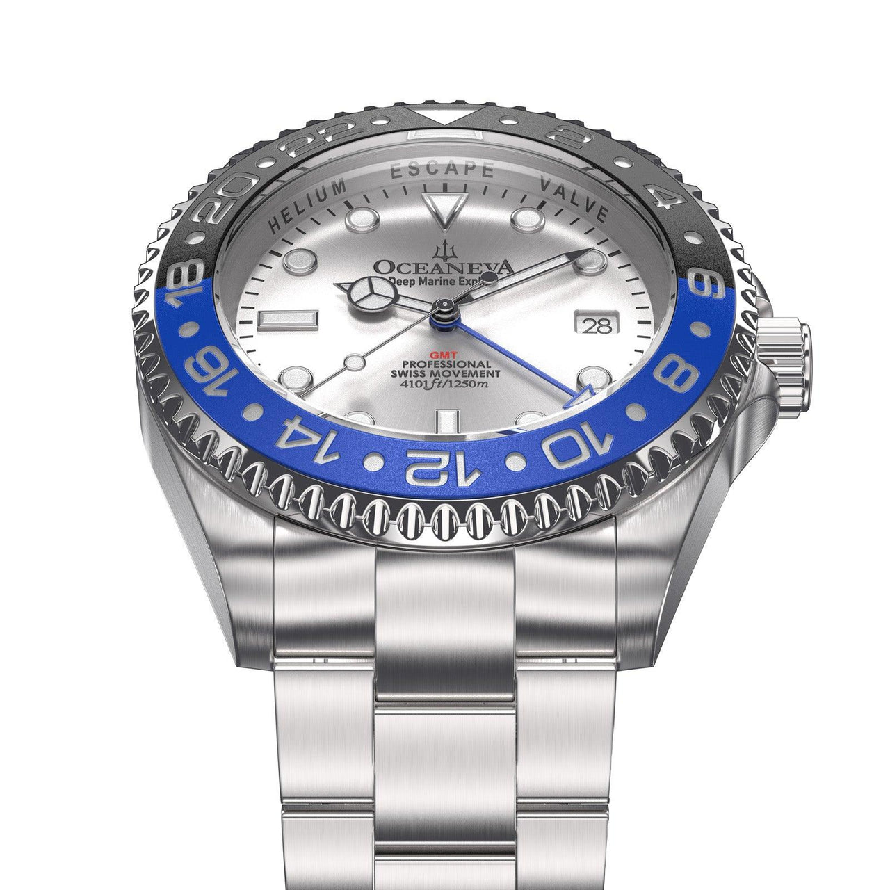 Oceaneva Men's GMT Deep Marine Explorer 1250M Pro Diver Watch Blue Black Silver Dial - SL.BL.RH.BK.GMT.ST 1250M diver, BGW9 Swiss-Superluminova, Dive Watch, GMT, GMT Wach, GMT Watch, Stainless Steel Dive Watch, Stainless Steel Watch, Swiss Quartz Movement