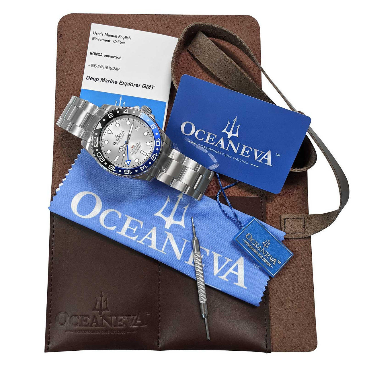 Oceaneva Men's GMT Deep Marine Explorer 1250M Pro Diver Watch Blue Black Silver Dial - SL.BL.RH.BK.GMT.ST 1250M diver, BGW9 Swiss-Superluminova, Dive Watch, GMT, GMT Wach, GMT Watch, Stainless Steel Dive Watch, Stainless Steel Watch, Swiss Quartz Movement