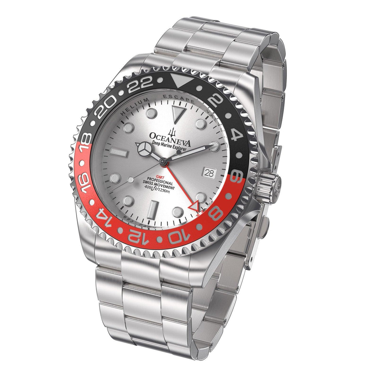 Oceaneva Men's GMT Deep Marine Explorer 1250M Pro Diver Watch Red Black Silver Dial - SL.RD.RH.BK.GMT.ST 1250M diver, BGW9 Swiss-Superluminova, Dive Watch, GMT, GMT Wach, GMT Watch, Ronda Movement, Stainless Steel Dive Watch, Stainless Steel Watch, Swiss Quartz Movement