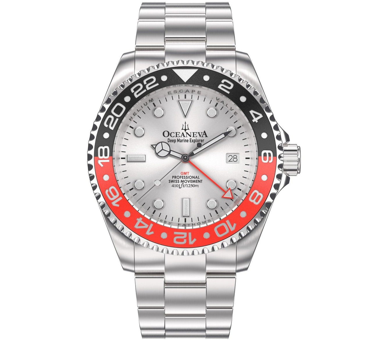 Oceaneva Men's GMT Deep Marine Explorer 1250M Pro Diver Watch Red Black Silver Dial - SL.RD.RH.BK.GMT.ST 1250M diver, BGW9 Swiss-Superluminova, Dive Watch, GMT, GMT Wach, GMT Watch, Ronda Movement, Stainless Steel Dive Watch, Stainless Steel Watch, Swiss Quartz Movement