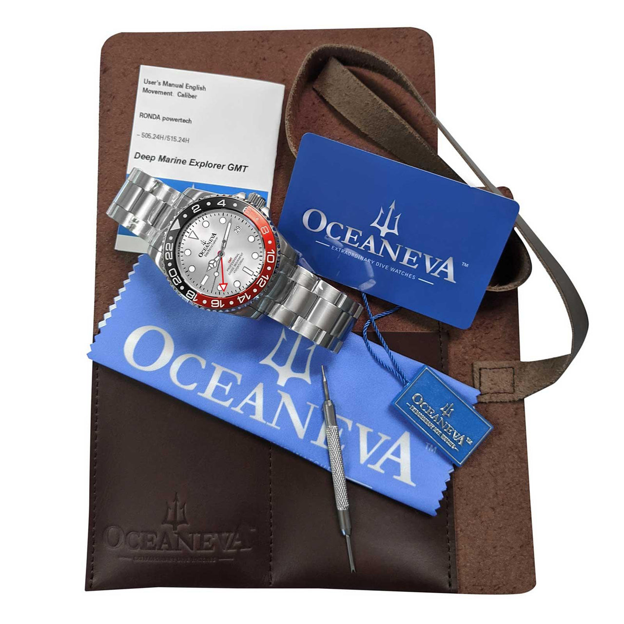 Oceaneva Men's GMT Deep Marine Explorer 1250M Pro Diver Watch Red Black Silver Dial - SL.RD.RH.BK.GMT.ST 1250M diver, BGW9 Swiss-Superluminova, Dive Watch, GMT, GMT Wach, GMT Watch, Ronda Movement, Stainless Steel Dive Watch, Stainless Steel Watch, Swiss Quartz Movement