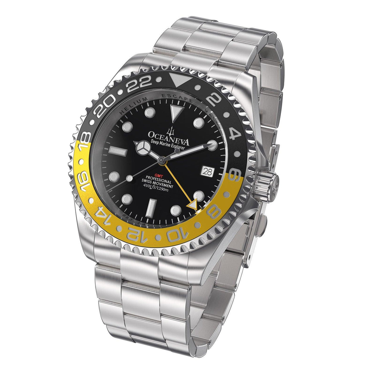 Oceaneva Men's GMT Deep Marine Explorer 1250M Pro Diver Watch Yellow and Black Diver Watch - BK.RH.YL.GMT.ST 1250M diver, BGW9 Swiss-Superluminova, Dive Watch, GMT, GMT Wach, GMT Watch, Ronda Movement, Stainless Steel Dive Watch, Stainless Steel Watch, Swiss Quartz Movement