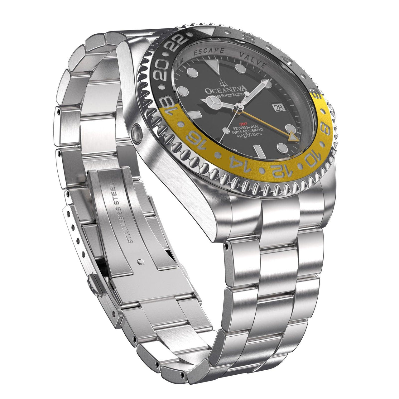 Oceaneva Men's GMT Deep Marine Explorer 1250M Pro Diver Watch Yellow and Black Diver Watch - BK.RH.YL.GMT.ST 1250M diver, BGW9 Swiss-Superluminova, Dive Watch, GMT, GMT Wach, GMT Watch, Ronda Movement, Stainless Steel Dive Watch, Stainless Steel Watch, Swiss Quartz Movement