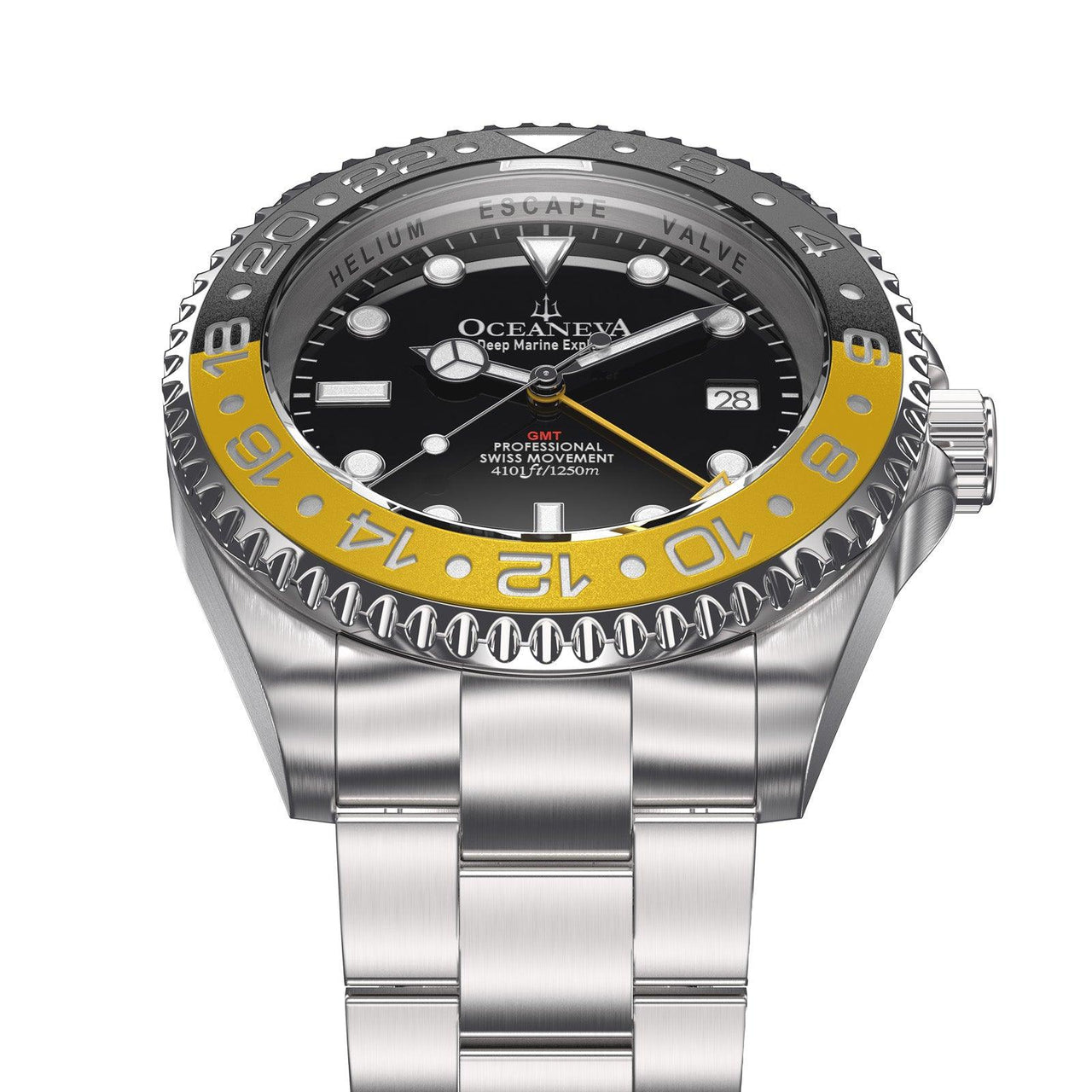 Oceaneva Men's GMT Deep Marine Explorer 1250M Pro Diver Watch Yellow and Black Diver Watch - BK.RH.YL.GMT.ST 1250M diver, BGW9 Swiss-Superluminova, Dive Watch, GMT, GMT Wach, GMT Watch, Ronda Movement, Stainless Steel Dive Watch, Stainless Steel Watch, Swiss Quartz Movement