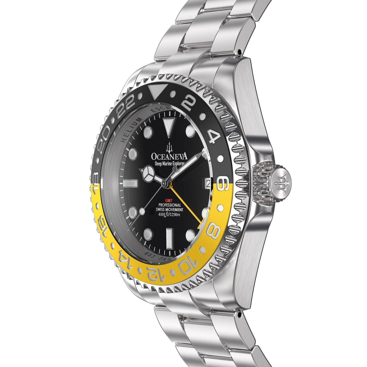 Oceaneva Men's GMT Deep Marine Explorer 1250M Pro Diver Watch Yellow and Black Diver Watch - BK.RH.YL.GMT.ST 1250M diver, BGW9 Swiss-Superluminova, Dive Watch, GMT, GMT Wach, GMT Watch, Ronda Movement, Stainless Steel Dive Watch, Stainless Steel Watch, Swiss Quartz Movement