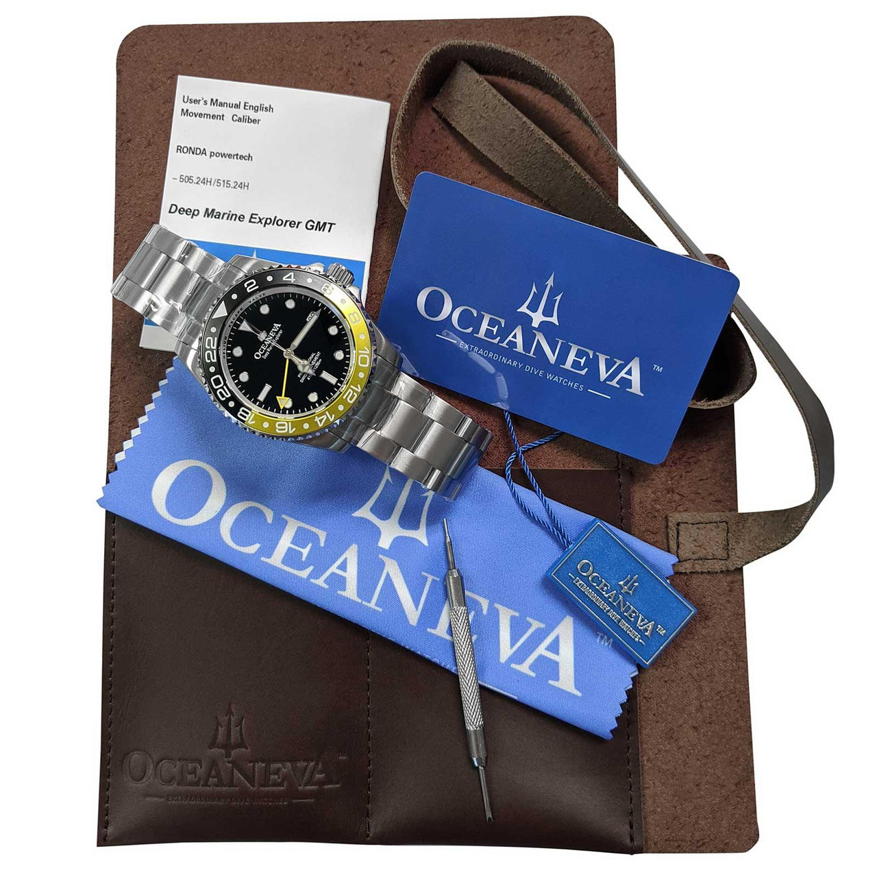 Oceaneva Men's GMT Deep Marine Explorer 1250M Pro Diver Watch Yellow and Black Diver Watch - BK.RH.YL.GMT.ST 1250M diver, BGW9 Swiss-Superluminova, Dive Watch, GMT, GMT Wach, GMT Watch, Ronda Movement, Stainless Steel Dive Watch, Stainless Steel Watch, Swiss Quartz Movement