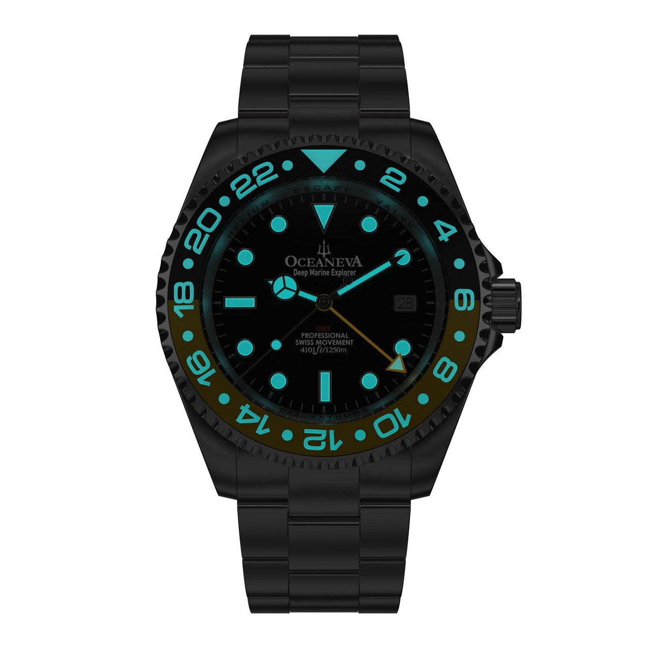 Oceaneva Men's GMT Deep Marine Explorer 1250M Pro Diver Watch Yellow and Black Diver Watch - BK.RH.YL.GMT.ST 1250M diver, BGW9 Swiss-Superluminova, Dive Watch, GMT, GMT Wach, GMT Watch, Ronda Movement, Stainless Steel Dive Watch, Stainless Steel Watch, Swiss Quartz Movement